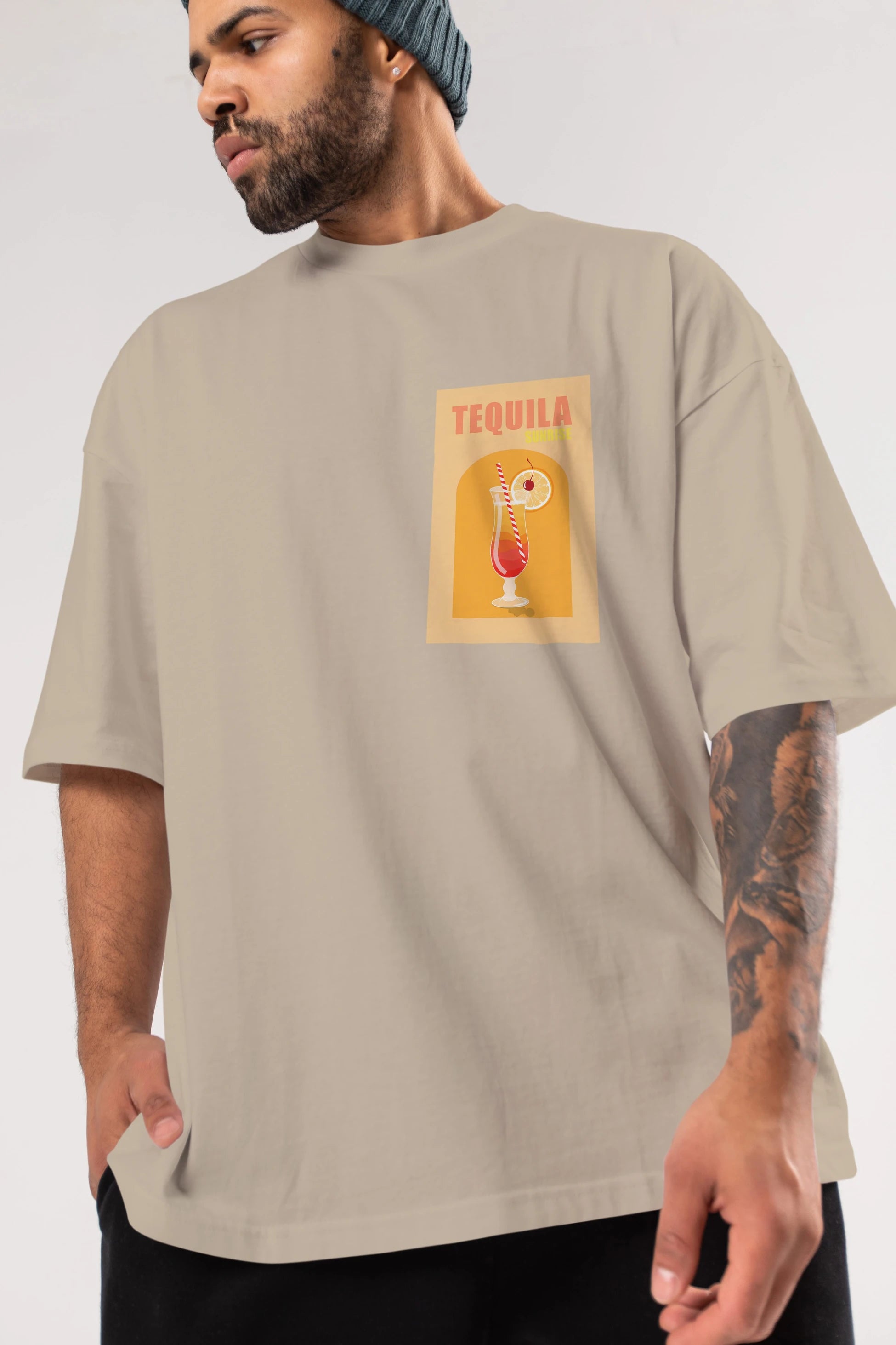 Tequila Sunrise Ön Sol Baskılı Oversize t-shirt Erkek Kadın Unisex %100 Pamuk Bisiklet Yaka tişort
