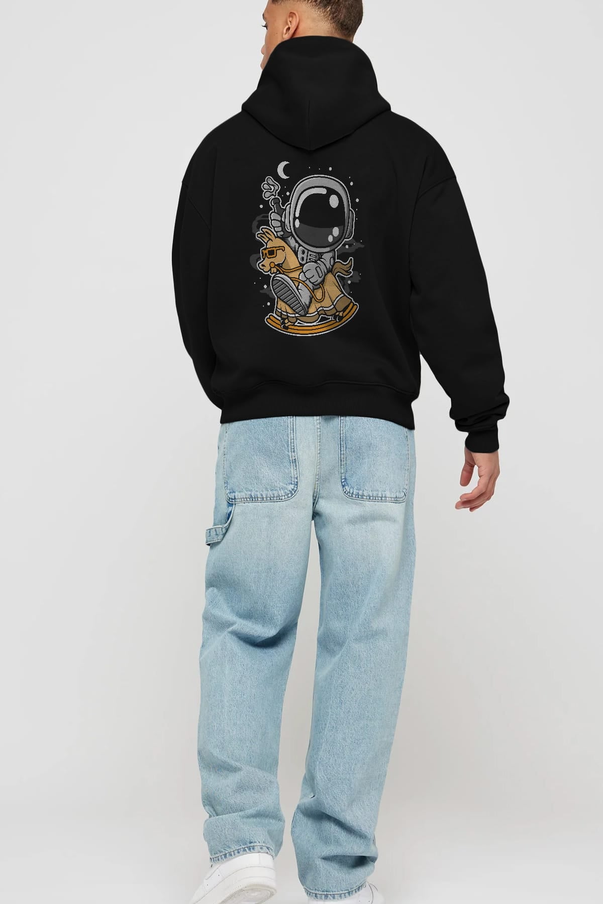 Astronaut RidingToy Horse Arka Baskılı Hoodie Oversize Kapüşonlu Sweatshirt Erkek Kadın Unisex