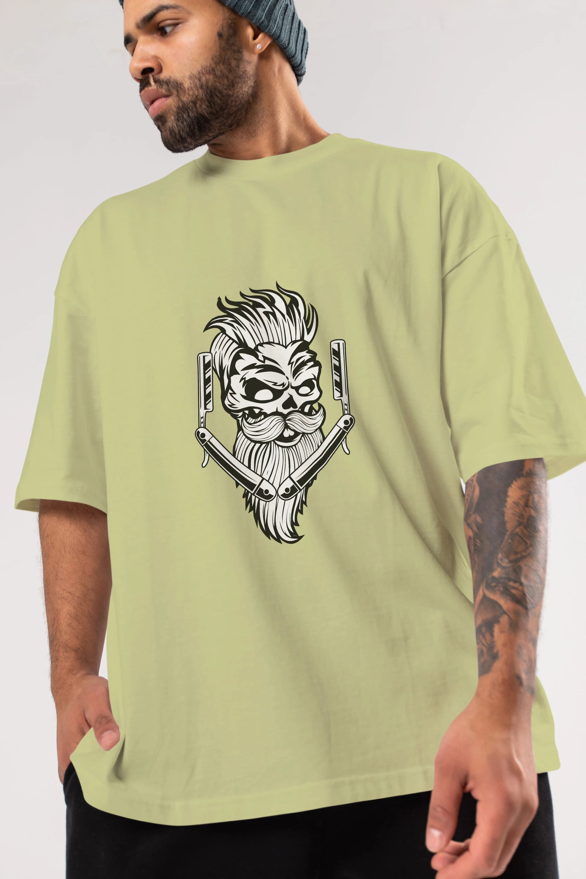 Skull Beard Ön Baskılı Oversize t-shirt Erkek Kadın Unisex %100 Pamuk tişort