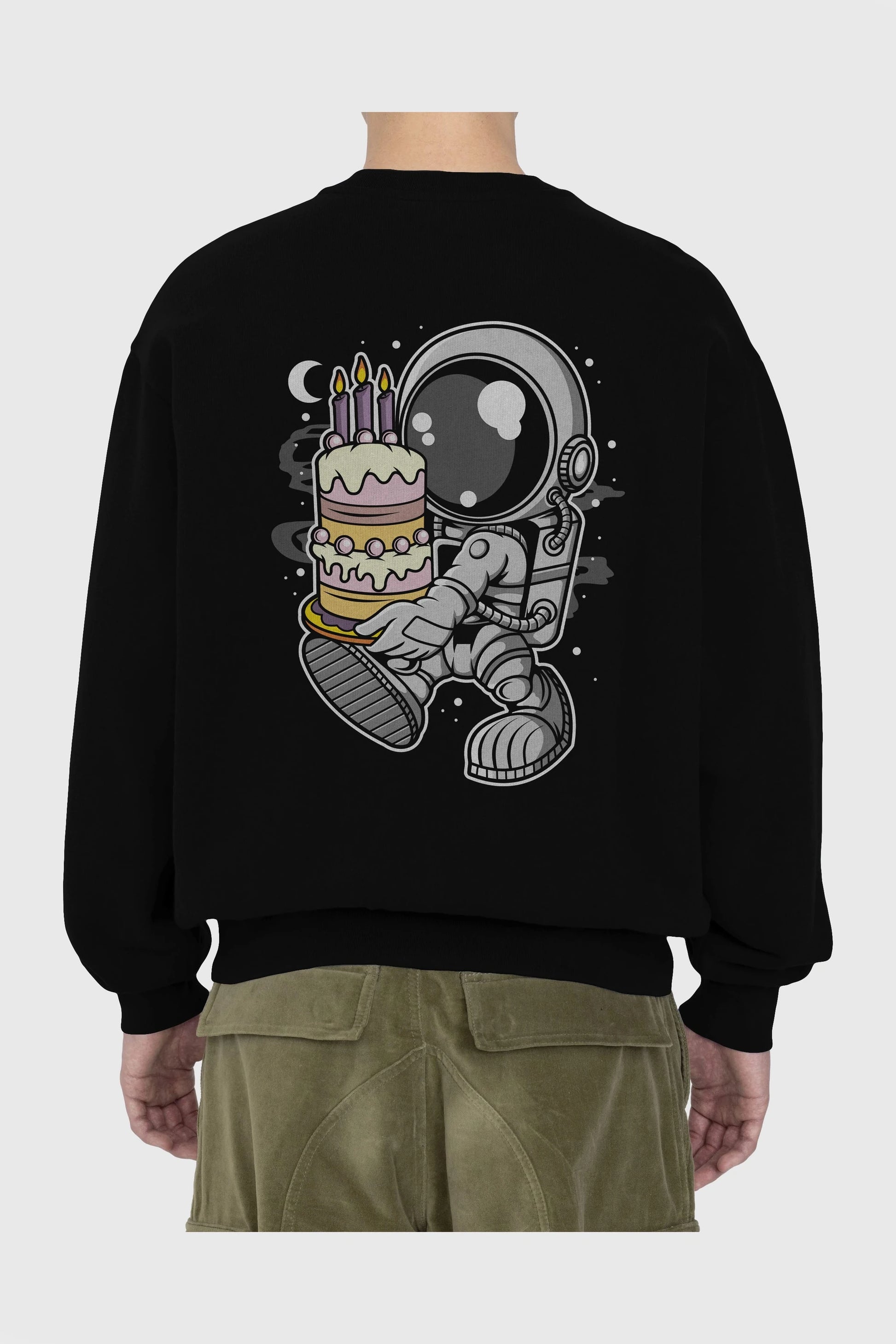 Astronaut Birthday Cake Arka Baskılı Oversize Sweatshirt Erkek Kadın Unisex