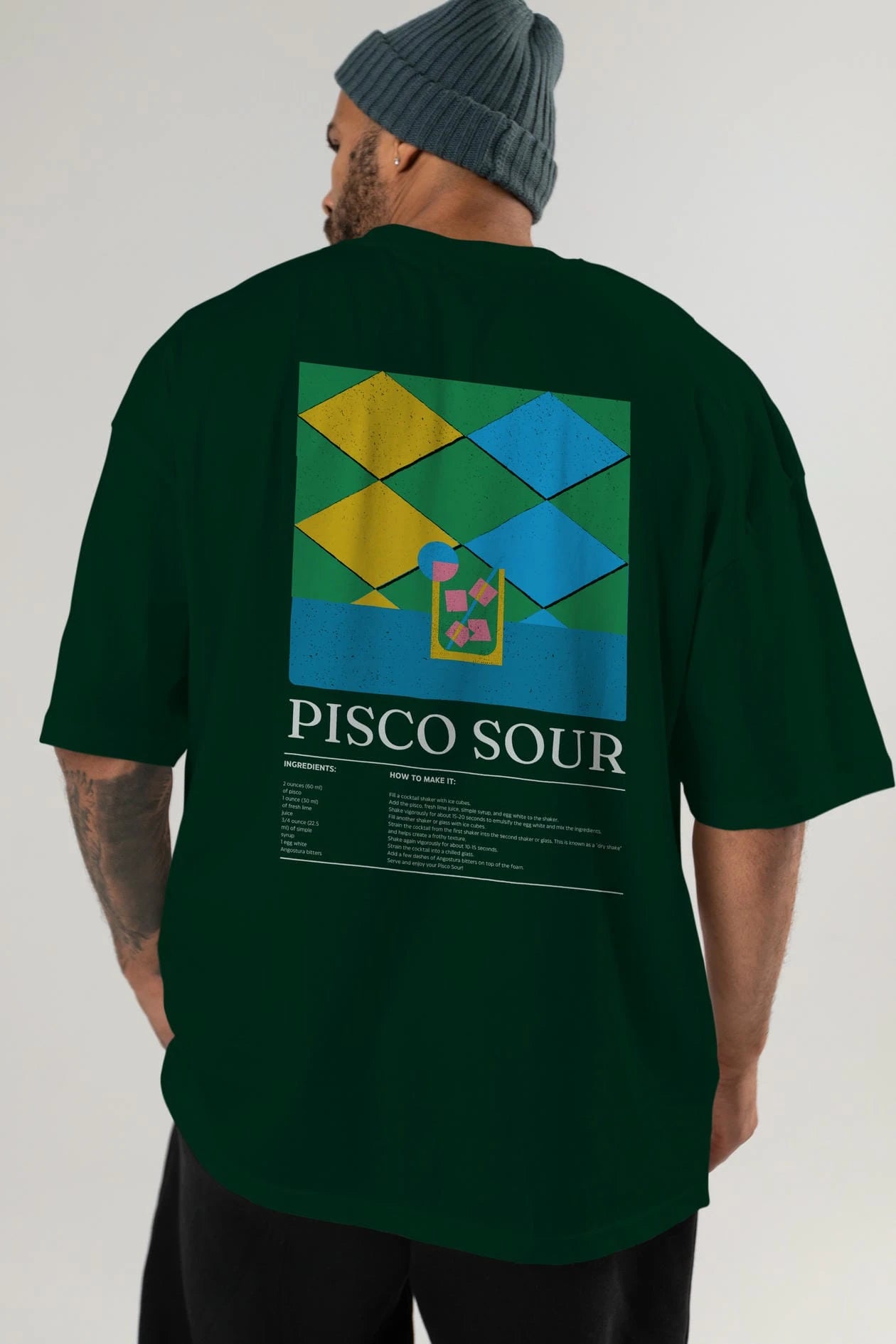 Pisco Sour Kokteyl Serisi Arka Baskılı Oversize t-shirt Erkek Kadın %100 Pamuk Bisiklet Yaka tişort