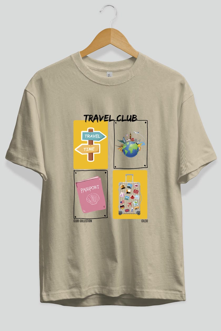 Travel Club ön Baskılı Oversize t-shirt Erkek Kadın %100 Pamuk Bisiklet Yaka tişort