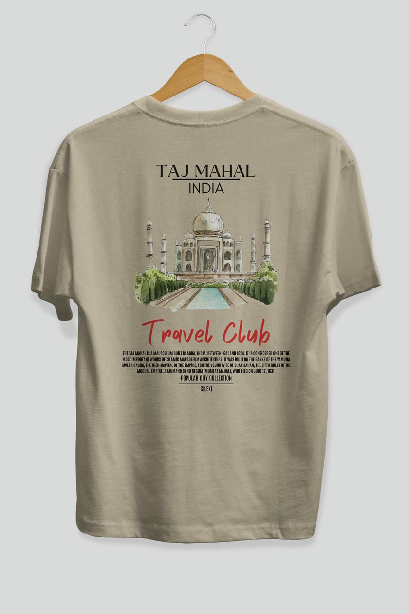 Taj Mahal İndia Arka Baskılı Oversize t-shirt Erkek Kadın Pamuk Bisiklet Yaka tişort