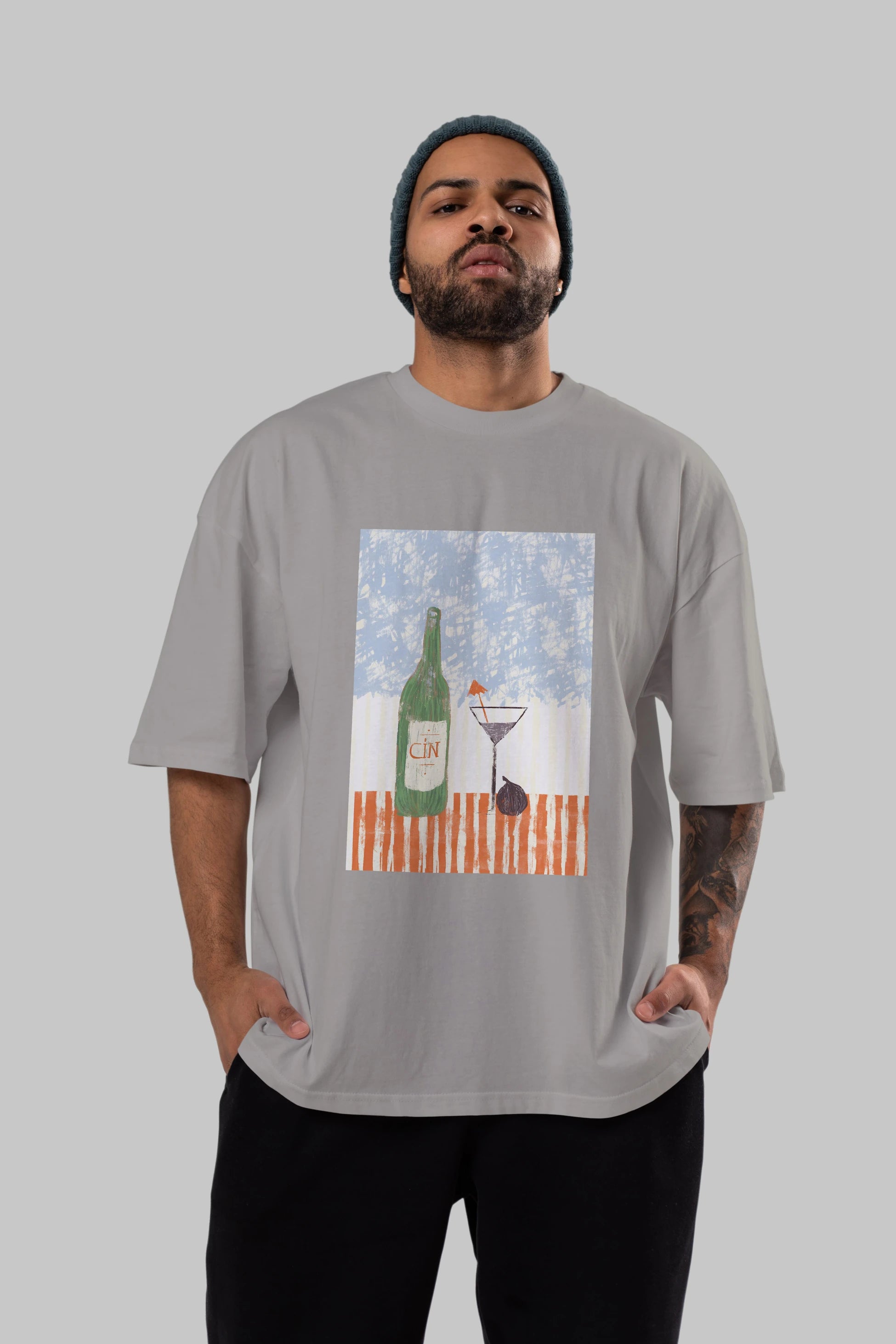 Gin Ön Baskılı Oversize t-shirt Erkek Kadın Unisex %100 Pamuk Bisiklet Yaka tişort