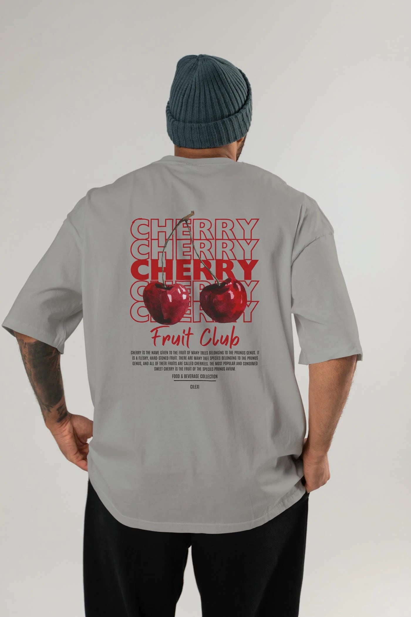 Cherry Arka Baskılı Oversize t-shirt Erkek Kadın Pamuk Bisiklet Yaka tişort