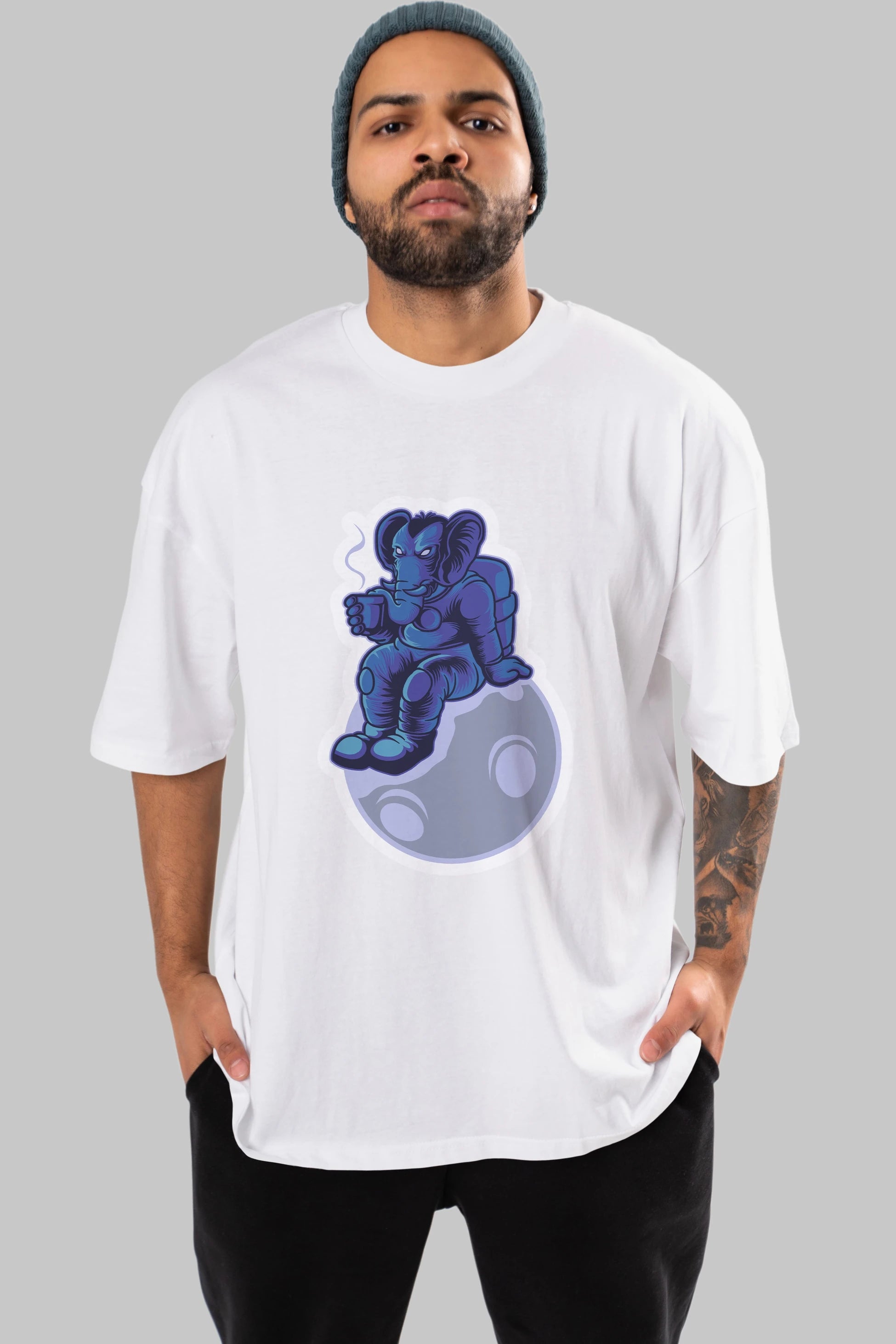 Space Elephant Drink Coffee Sticker Ön Baskılı Oversize t-shirt Erkek Kadın Unisex