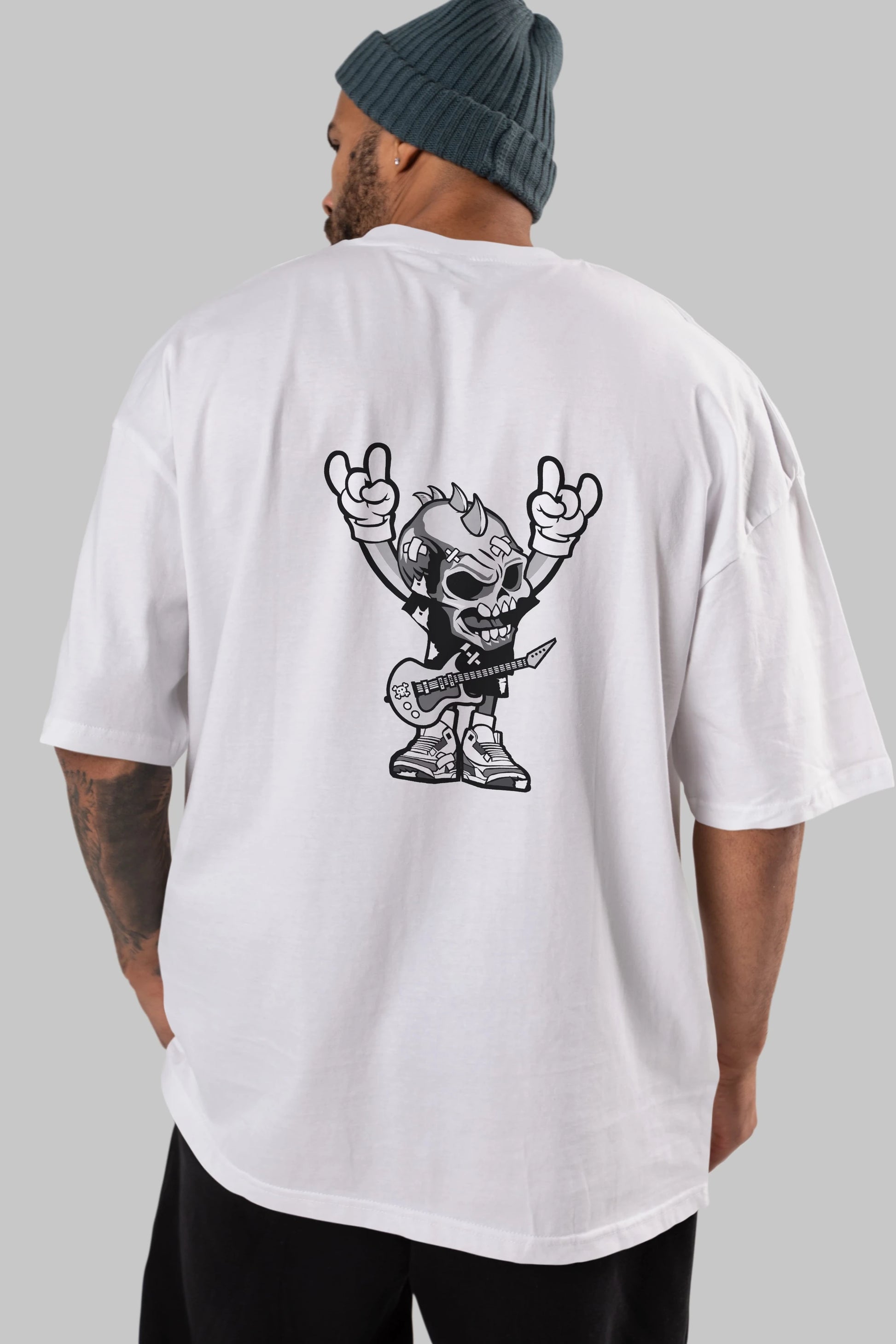 Punk Rock Skull Arka Baskılı Oversize t-shirt Erkek Kadın Unisex %100 Pamuk tişort