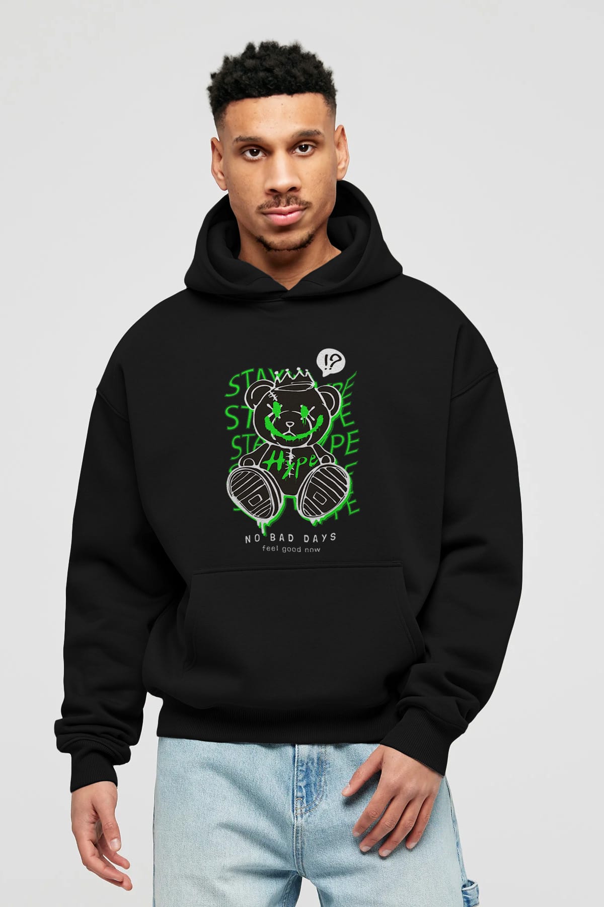 Stay Hype Bear Ön Baskılı Hoodie Oversize Kapüşonlu Sweatshirt Erkek Kadın Unisex