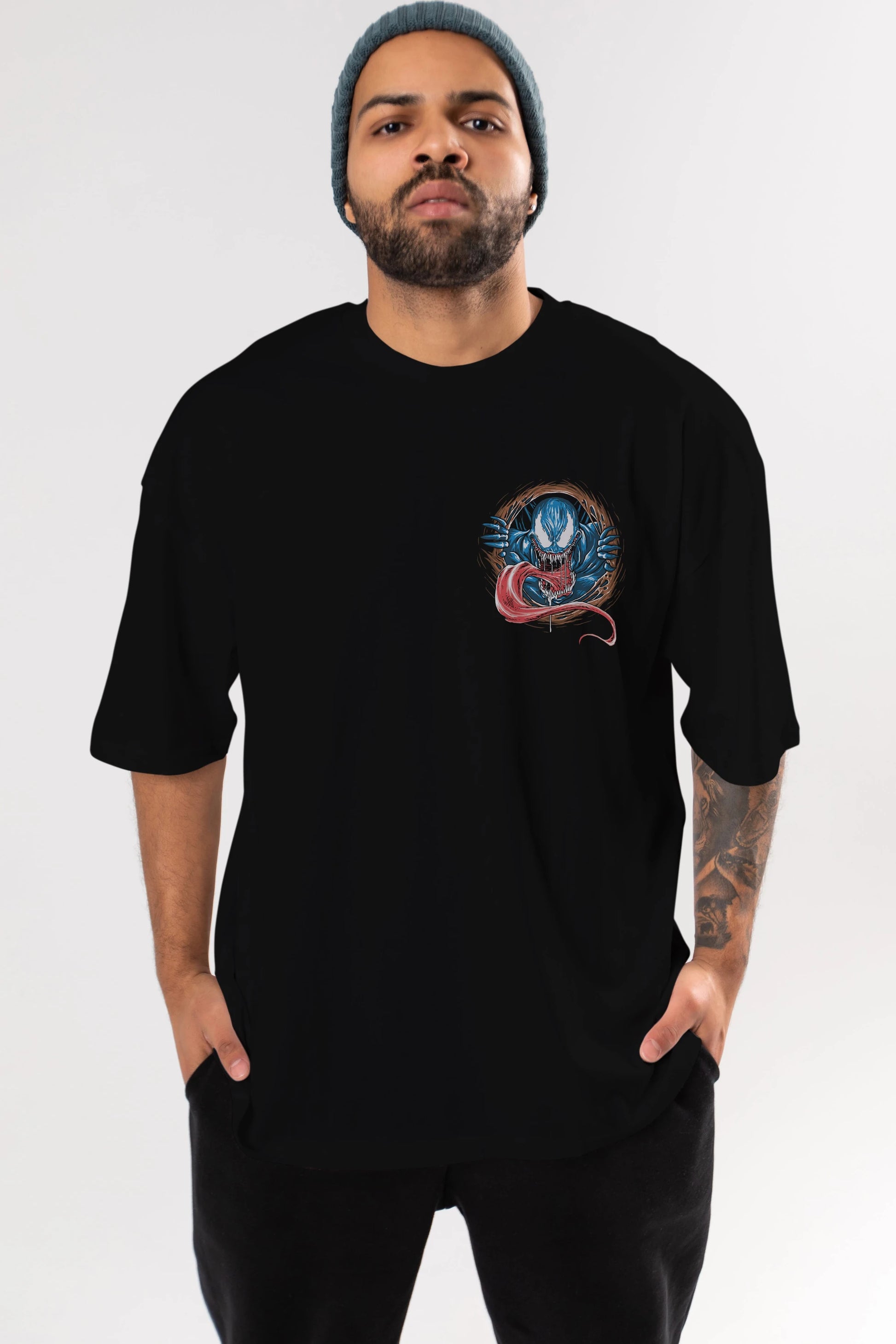 Venom (7) Ön Sol Baskılı Oversize t-shirt Erkek Kadın Unisex %100 Pamuk Bisiklet Yaka tişort