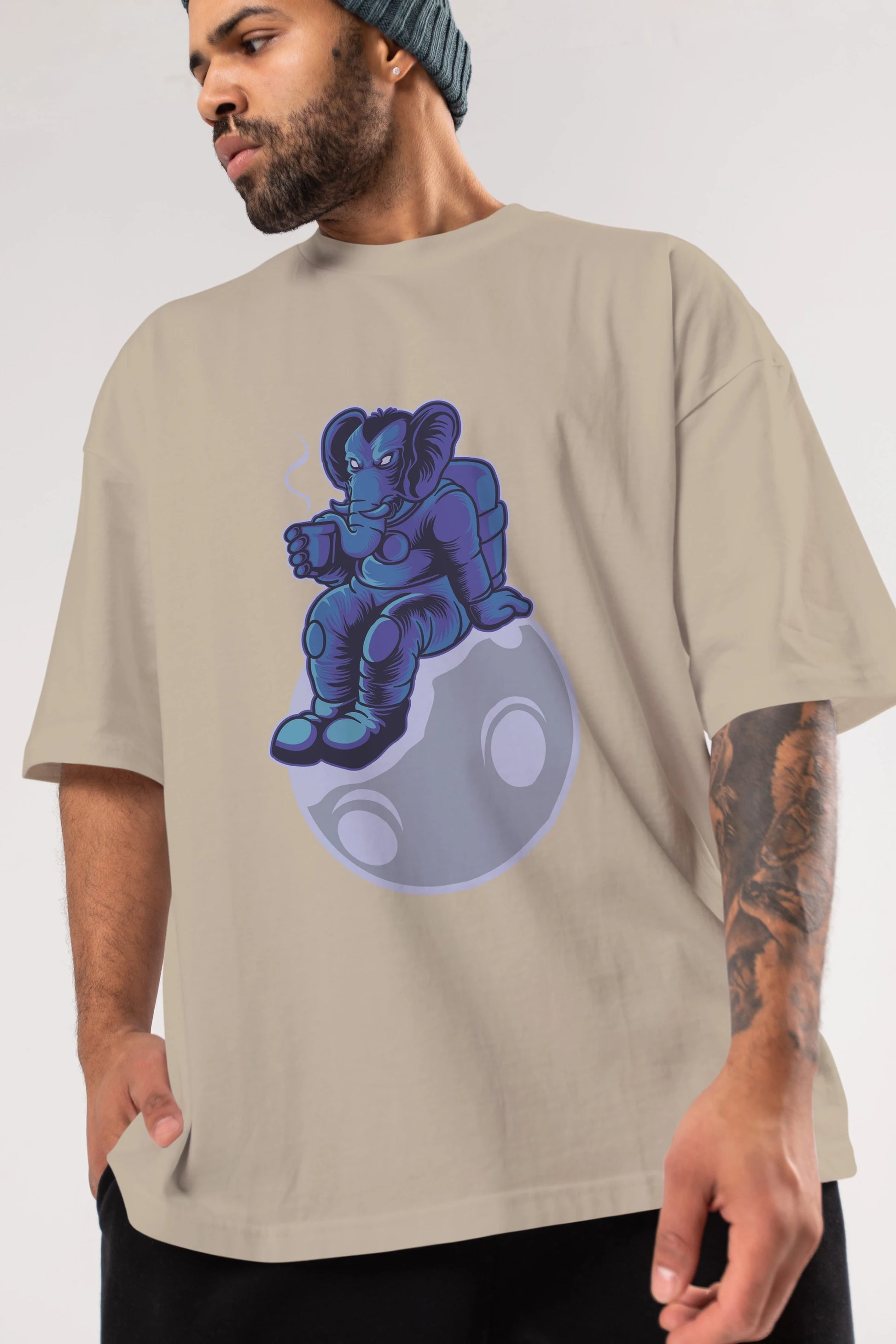 Space Elephant Drink Coffee Ön Baskılı Oversize t-shirt Erkek Kadın Unisex