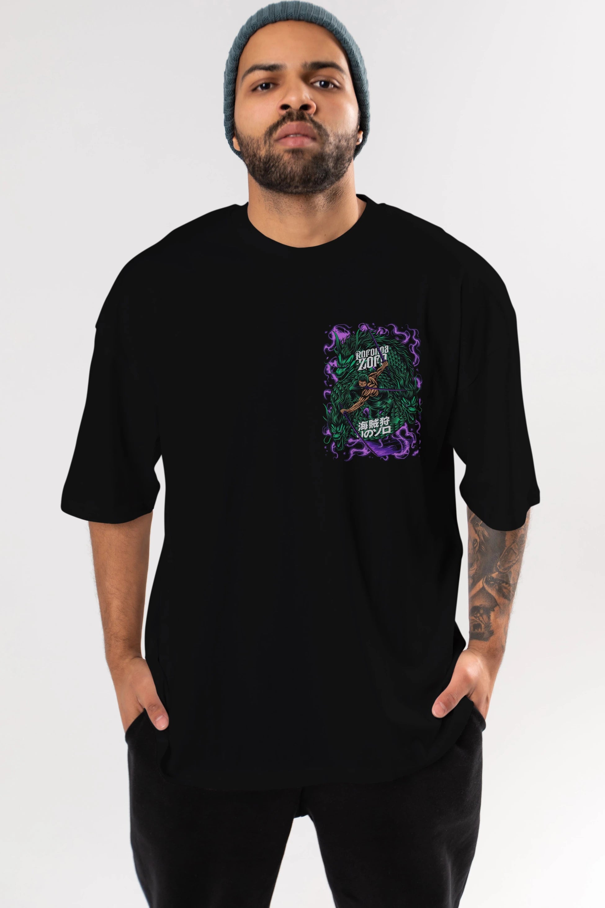 RORONOA ZORO 5 Ön Sol Baskılı Oversize t-shirt Erkek Kadın Unisex %100 Pamuk Bisiklet Yaka tişort