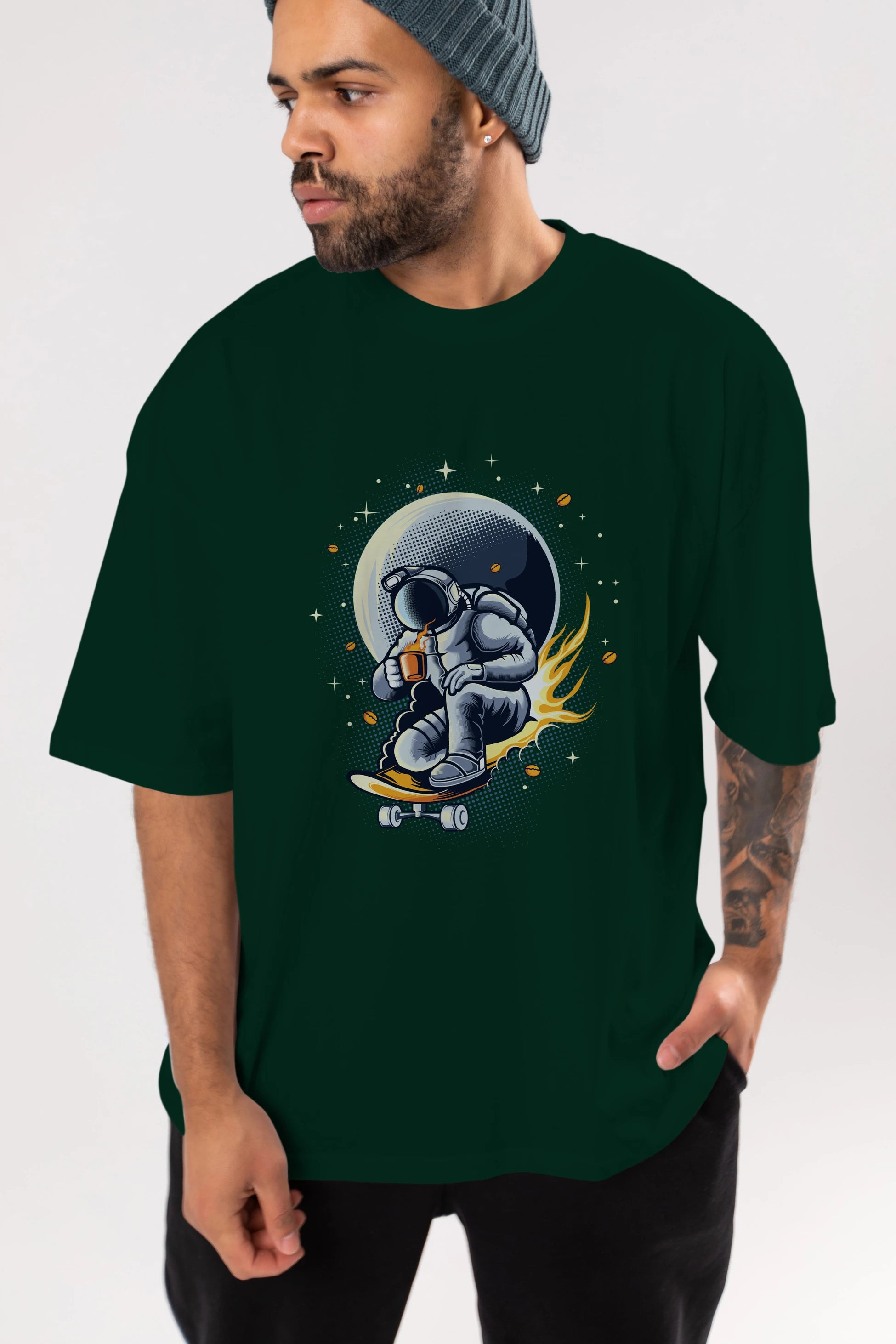 Astro Coffee Addict Ön Baskılı Oversize t-shirt Erkek Kadın Unisex