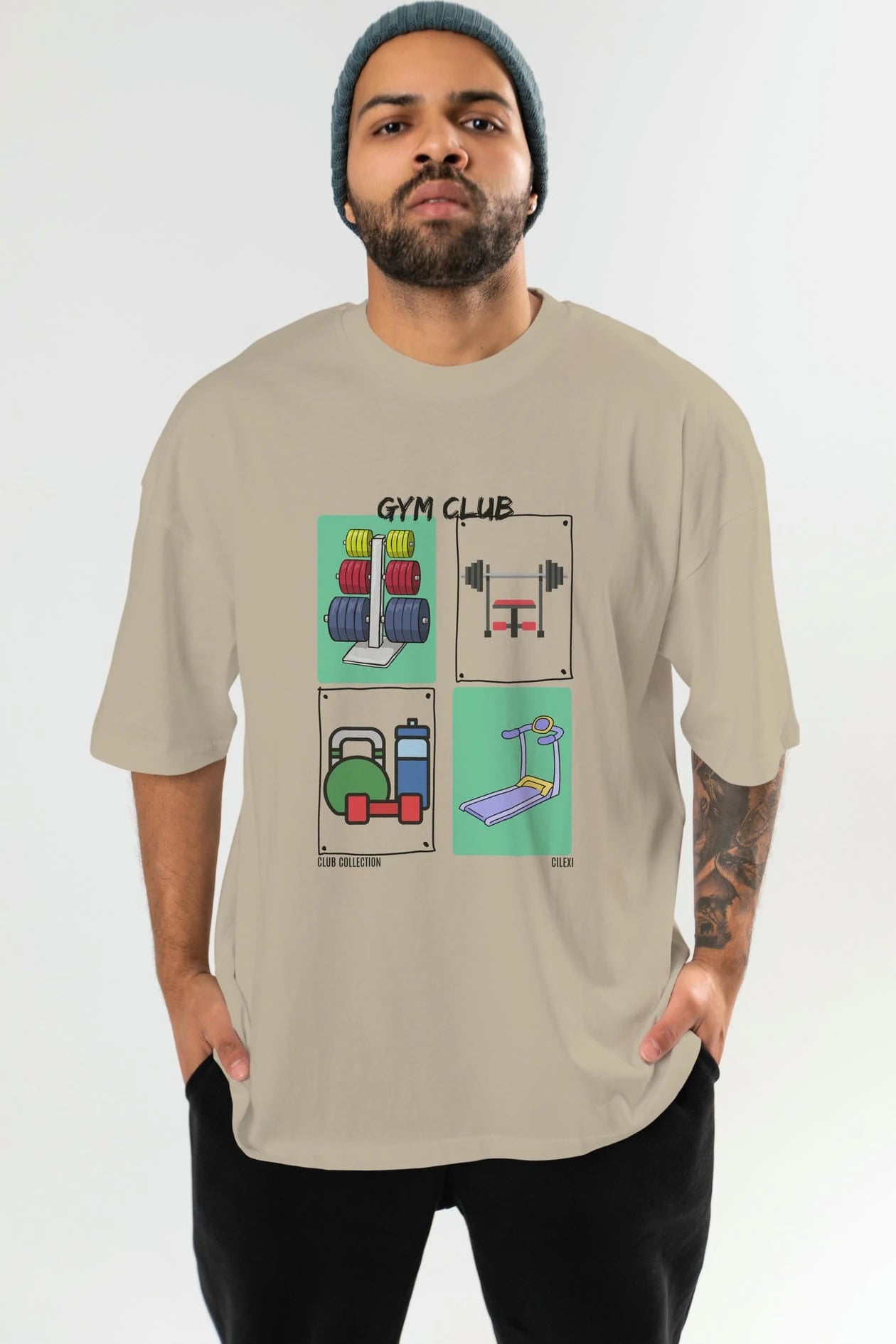 Gym Club ön Baskılı Oversize t-shirt Erkek Kadın %100 Pamuk Bisiklet Yaka tişort