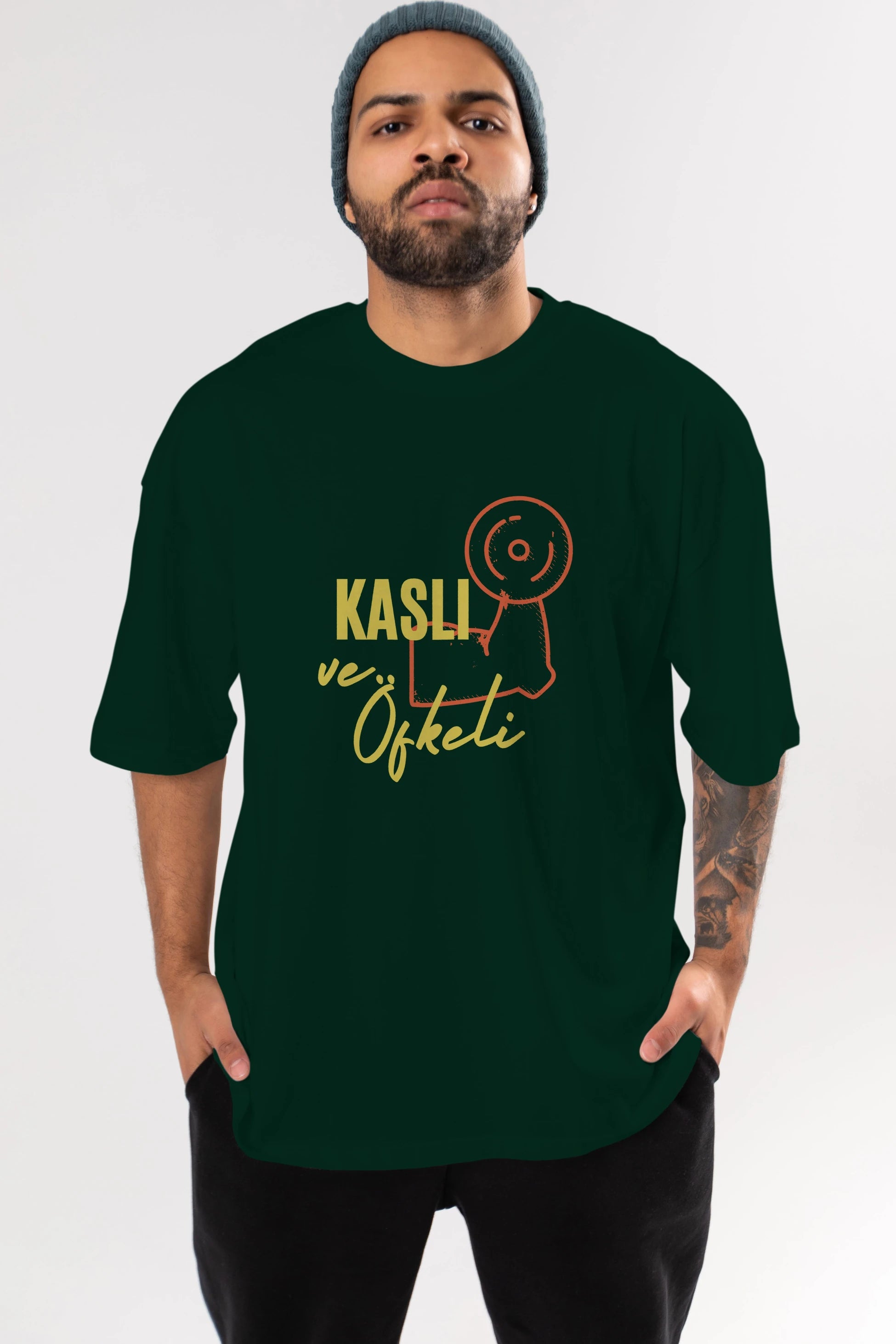Kaslı ve Öfkeli Yazılı Ön Baskılı Oversize t-shirt Erkek Kadın Unisex