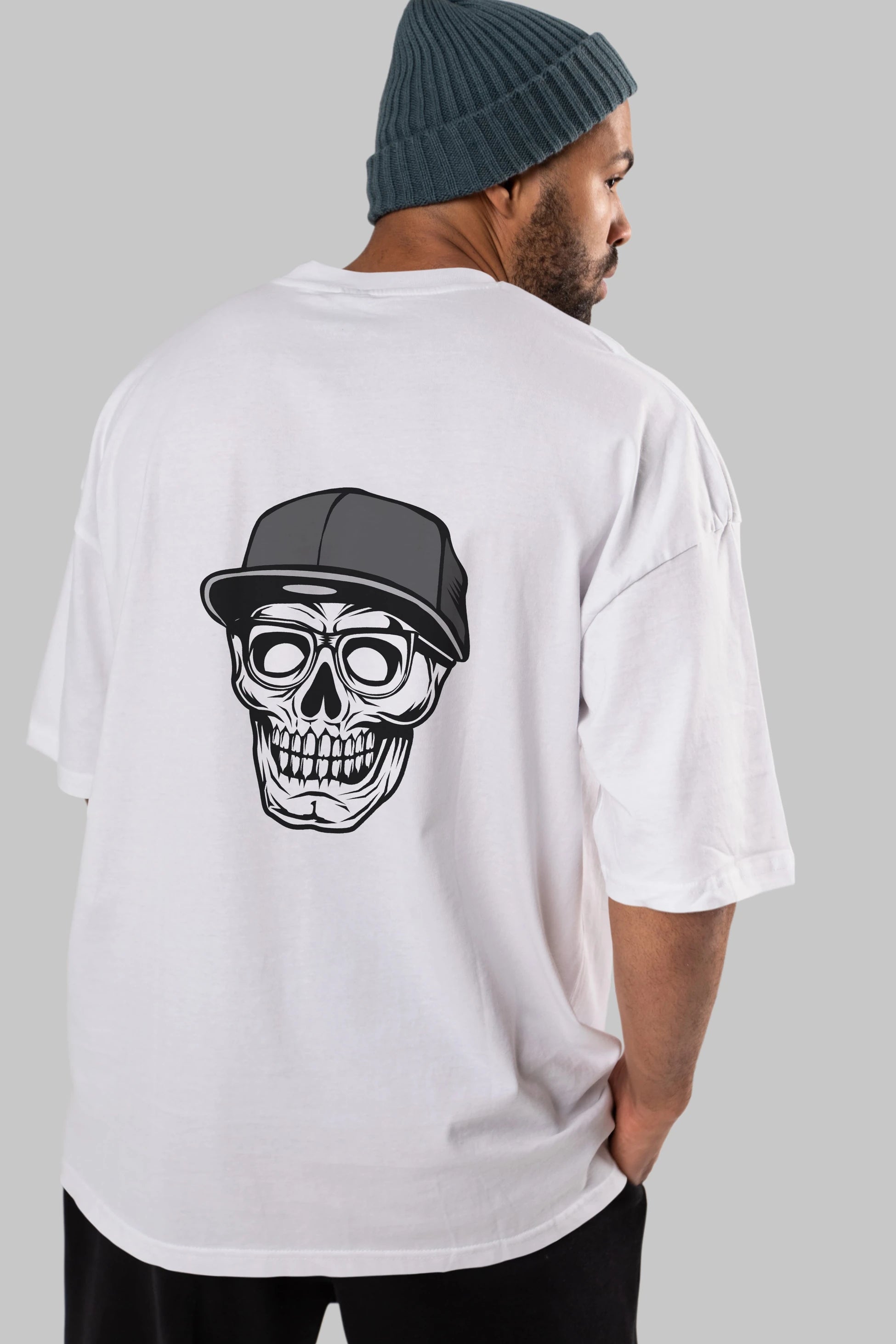 Skull With Hat Arka Baskılı Oversize t-shirt Erkek Kadın Unisex %100 Pamuk tişort