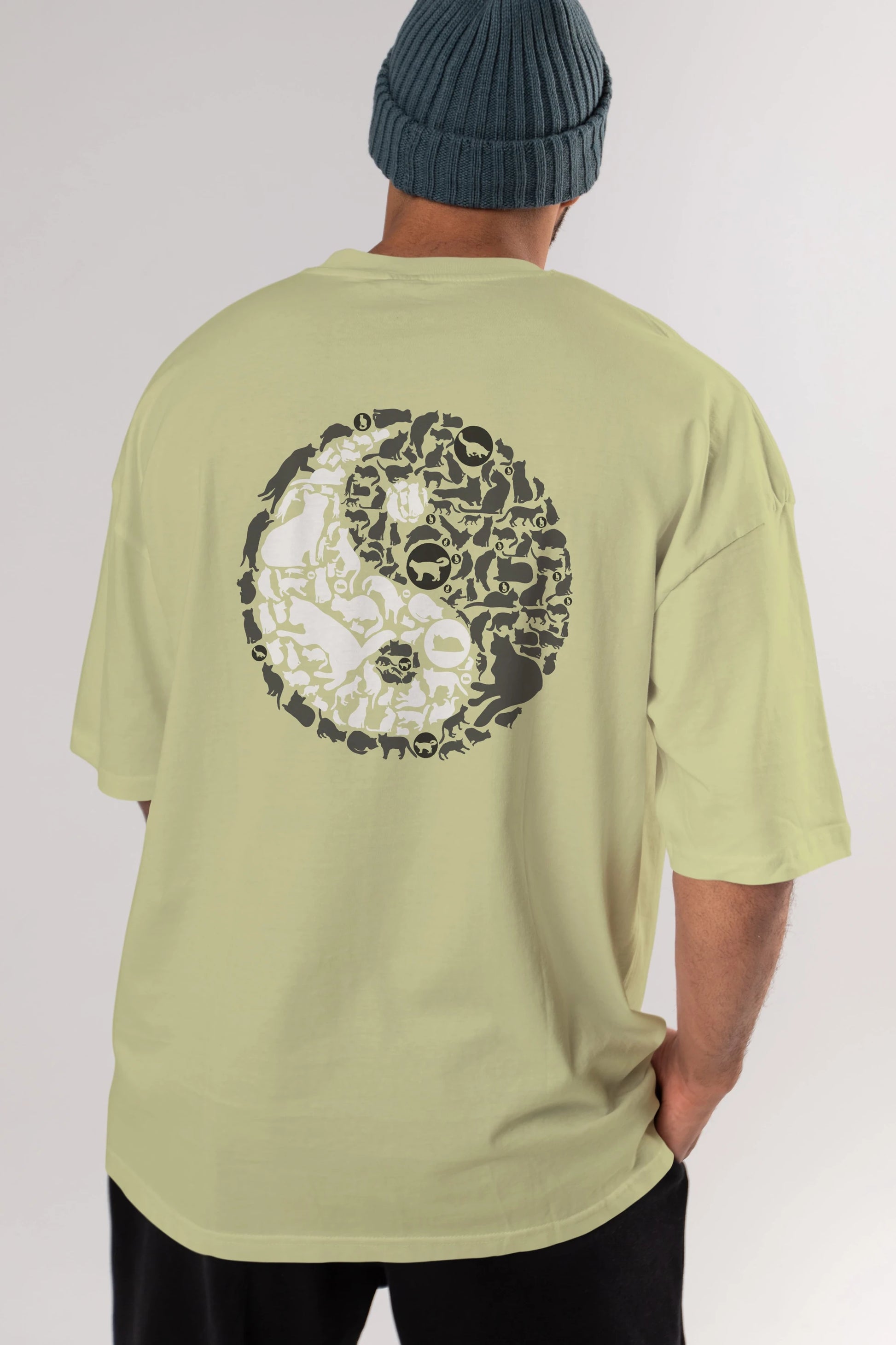YinYang Cats Arka Baskılı Oversize t-shirt %100 pamuk Erkek Kadın Unisex