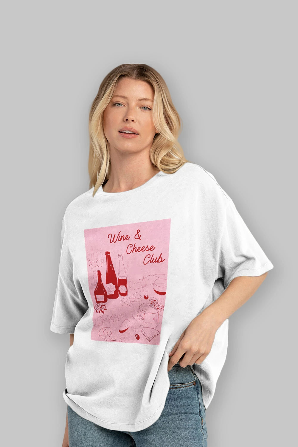 Wine Cheese Club Ön Baskılı Oversize t-shirt Erkek Kadın Unisex %100 Pamuk Bisiklet Yaka tişort