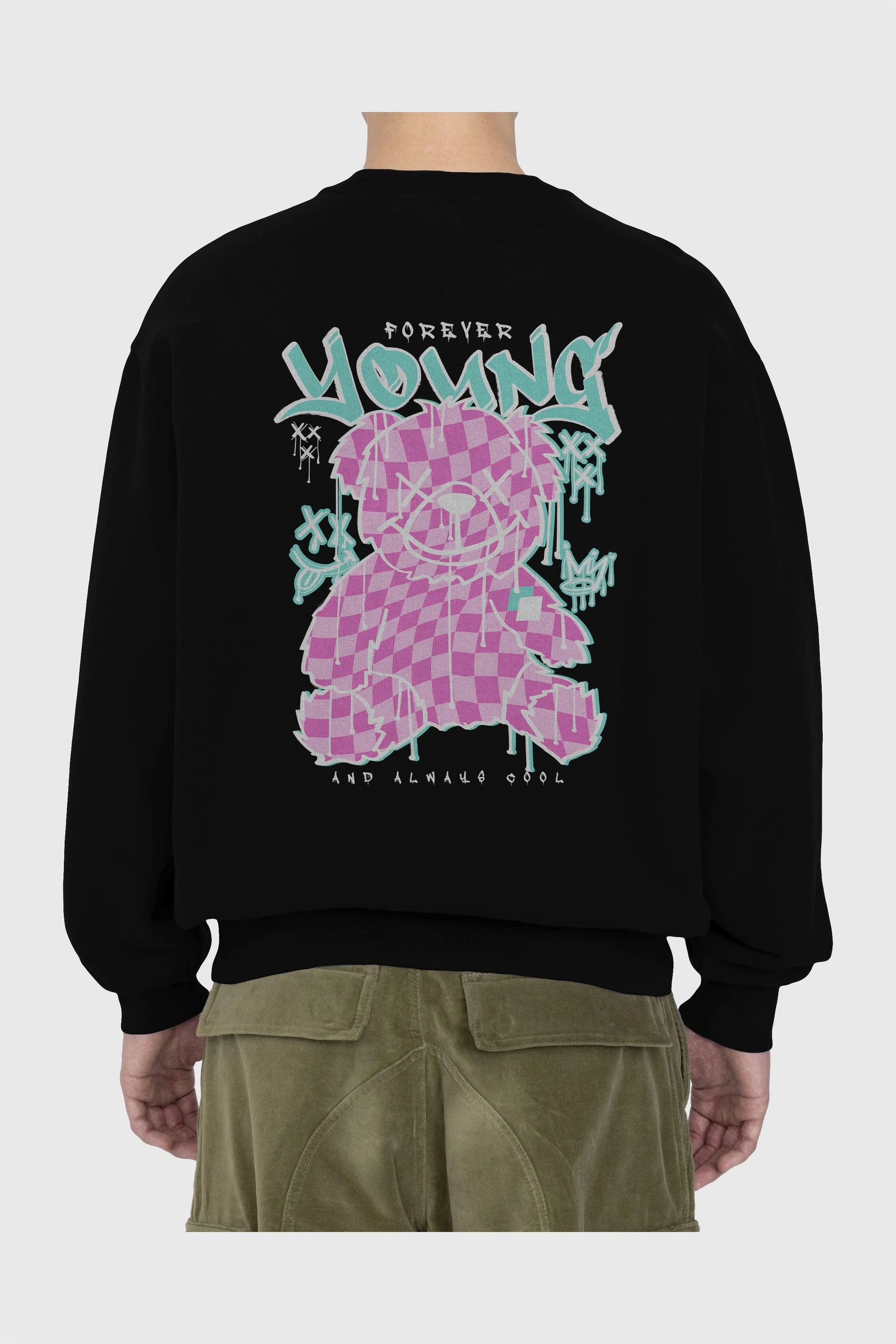 Young and Always Cool Bear Arka Baskılı Oversize Sweatshirt Erkek Kadın Unisex