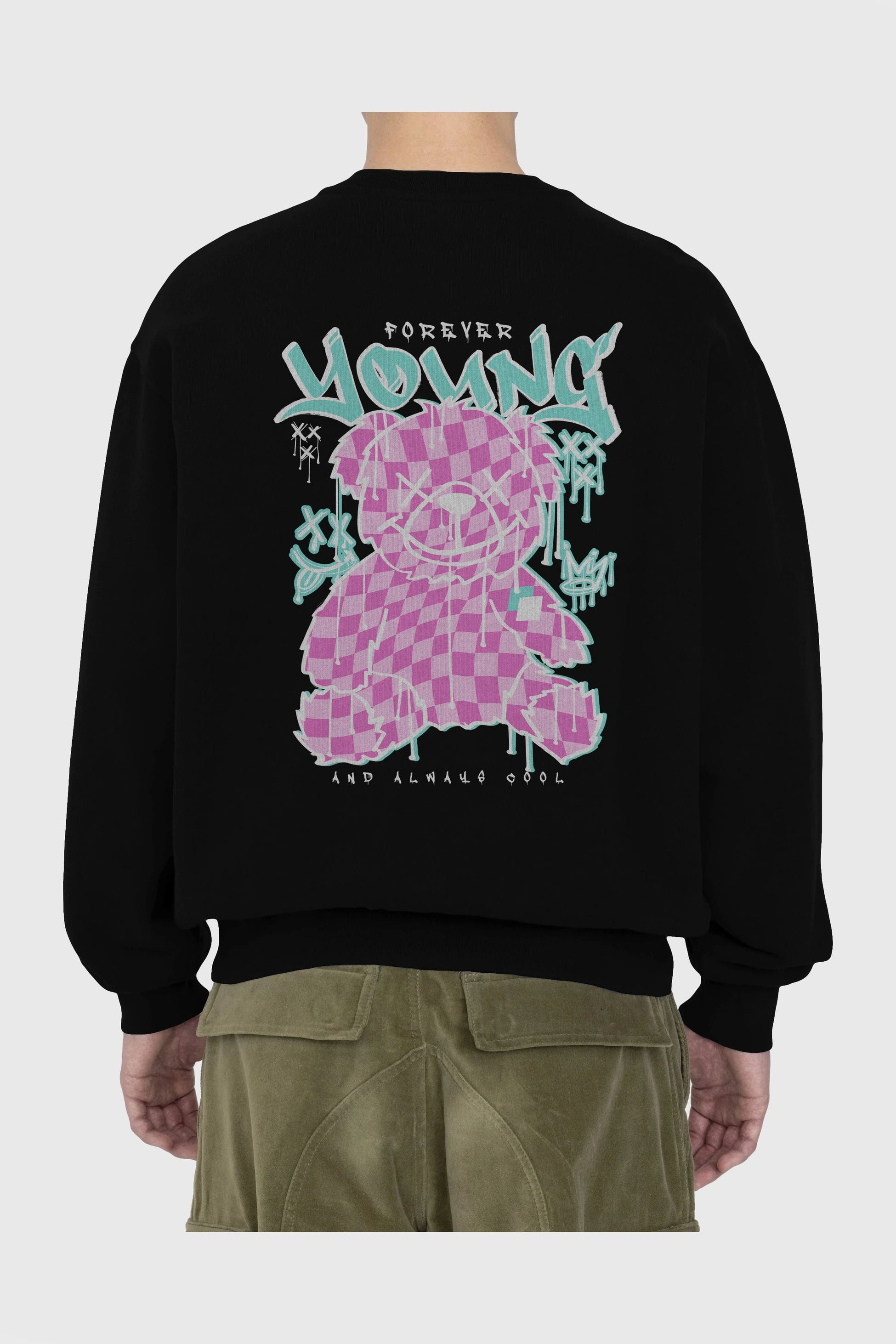 Young and Always Cool Bear Arka Baskılı Oversize Sweatshirt Erkek Kadın Unisex