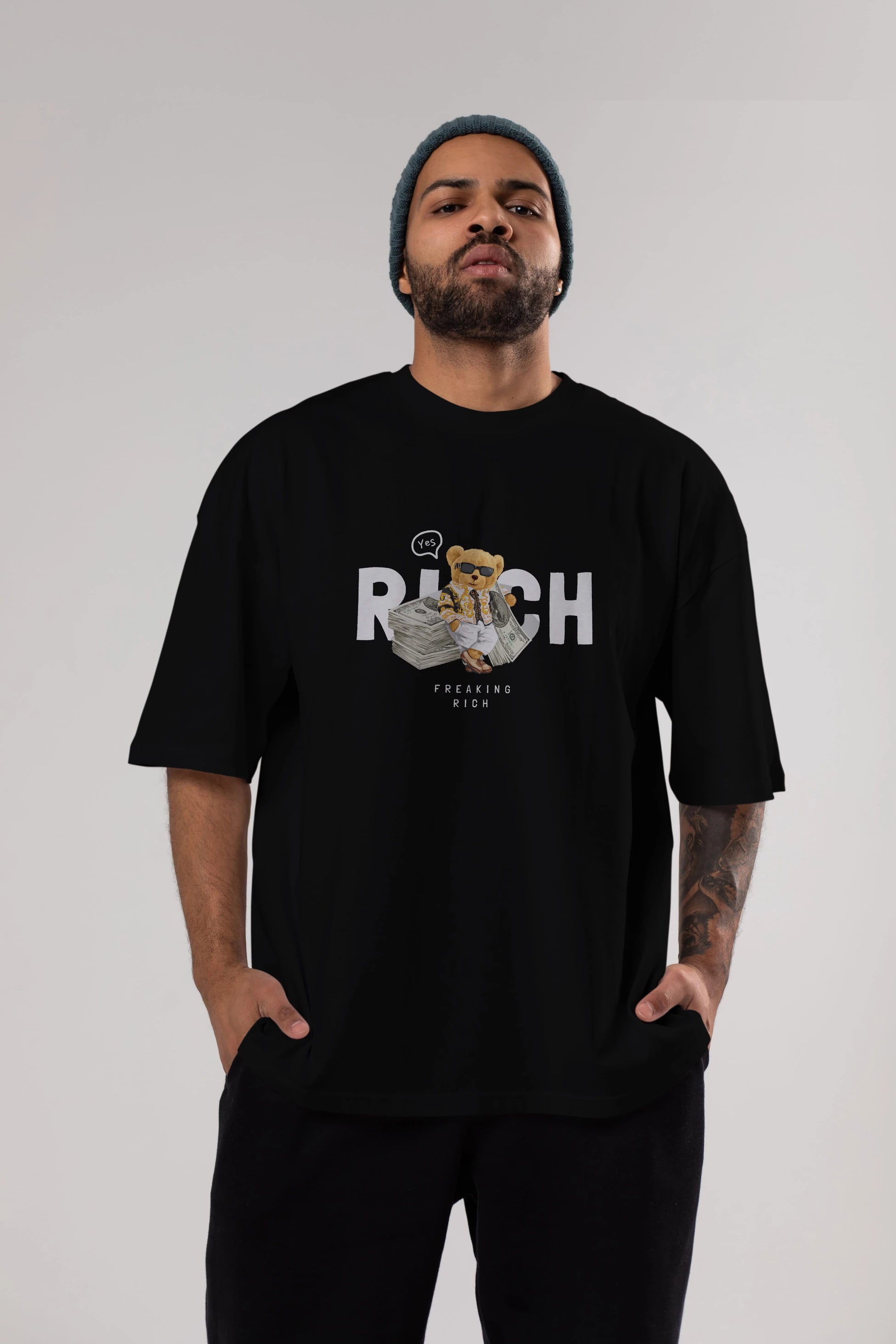 Teddy Bear Freakıng Rich Ön Baskılı Oversize t-shirt Erkek Kadın Unisex %100 Pamuk
