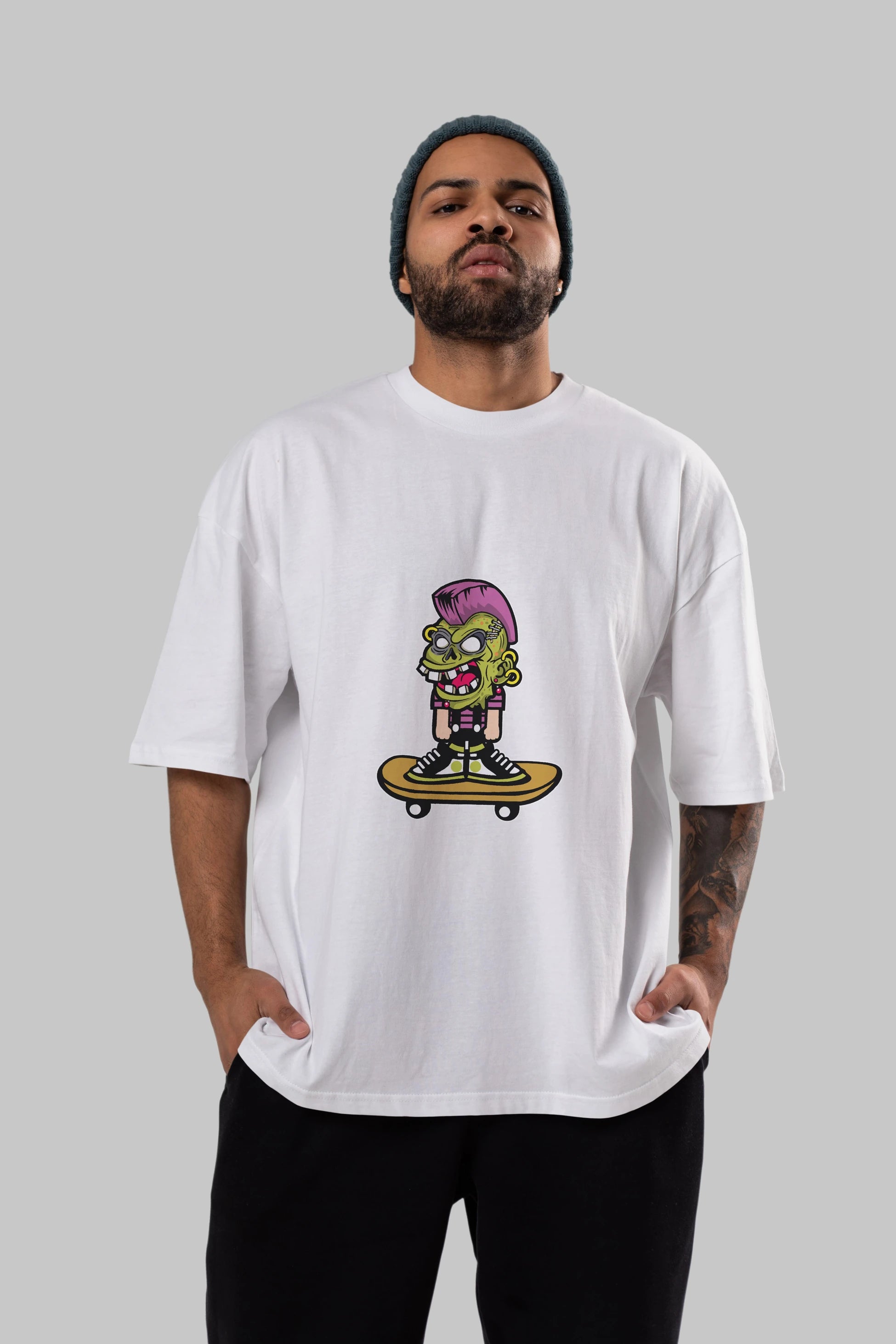 Zombie Punk Skater Ön Baskılı Oversize t-shirt Erkek Kadın Unisex %100 Pamuk tişort