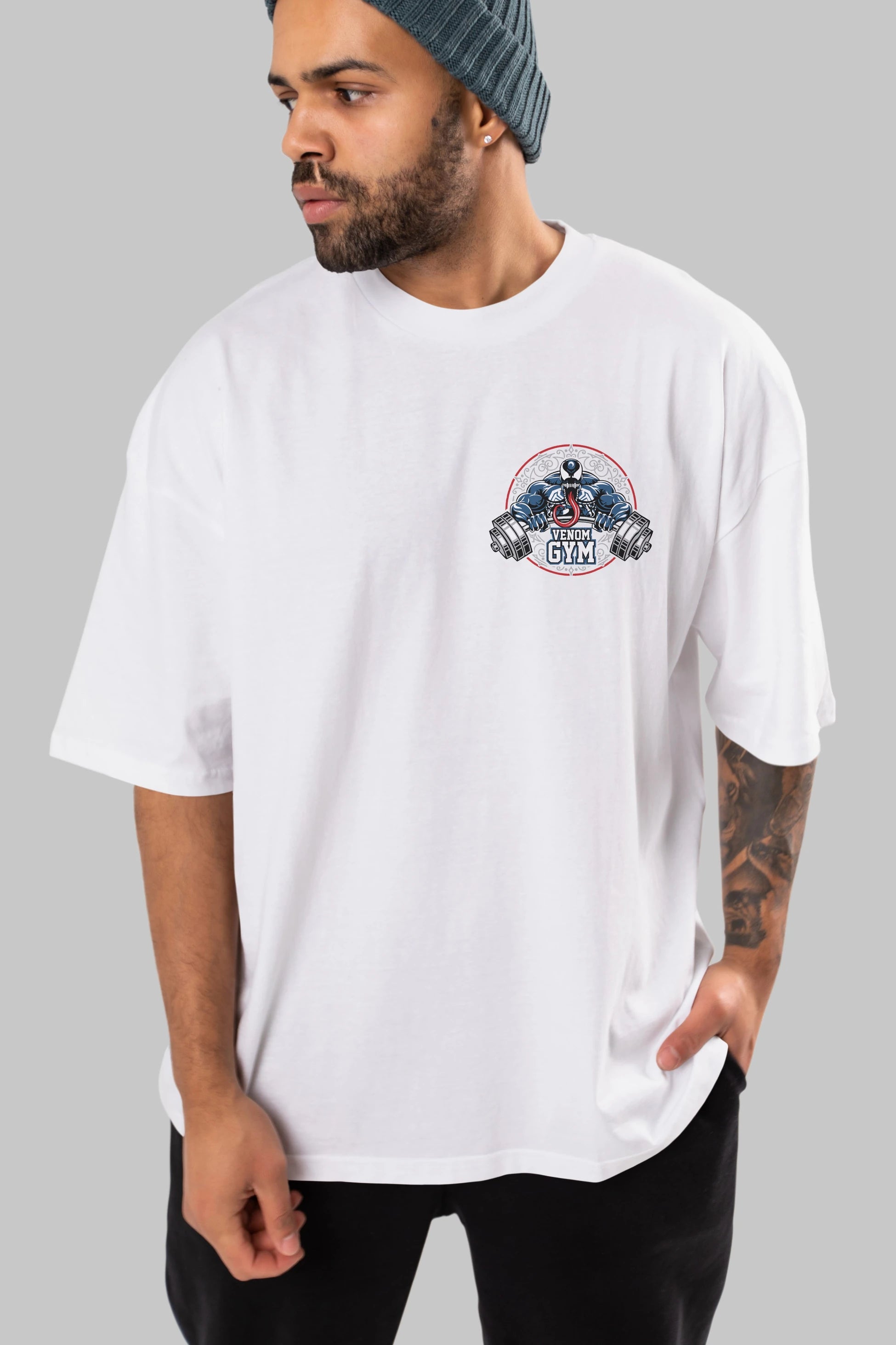 Venom GYM Ön Sol Baskılı Oversize t-shirt Erkek Kadın Unisex %100 Pamuk Bisiklet Yaka tişort