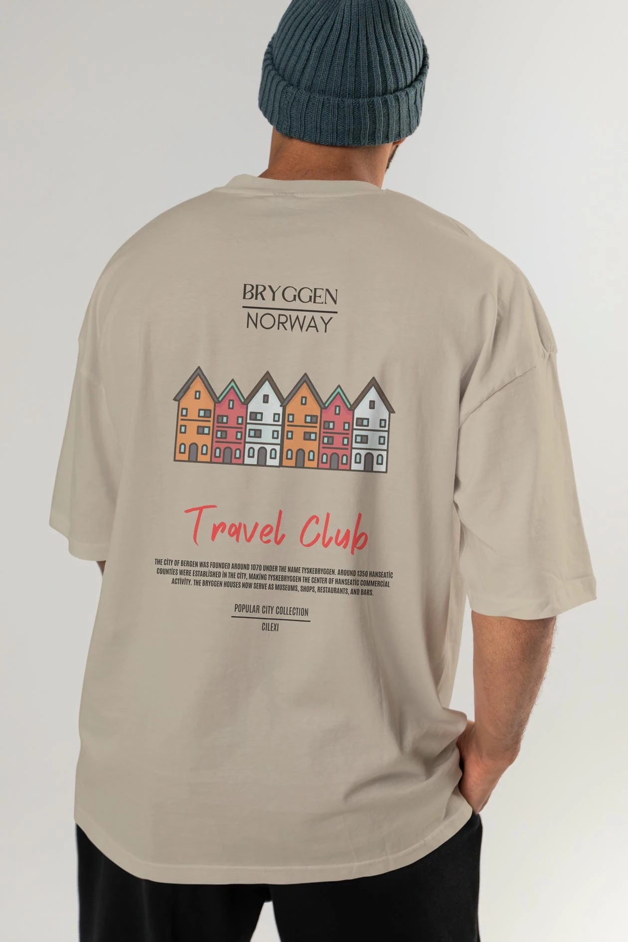 Bryggen Norway Arka Baskılı Oversize t-shirt Erkek Kadın Pamuk Bisiklet Yaka tişort