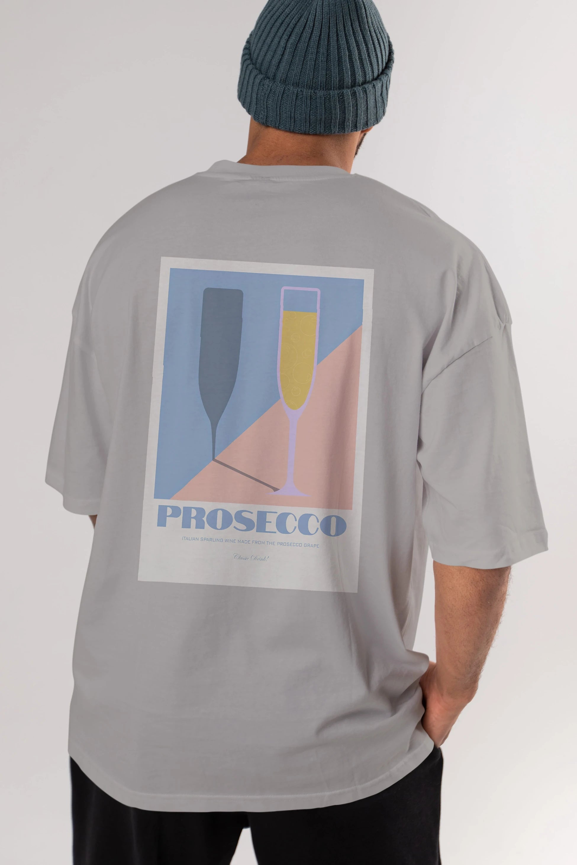 Prosecco Arka Baskılı Oversize t-shirt Erkek Kadın Unisex %100 Pamuk Bisiklet Yaka tişort