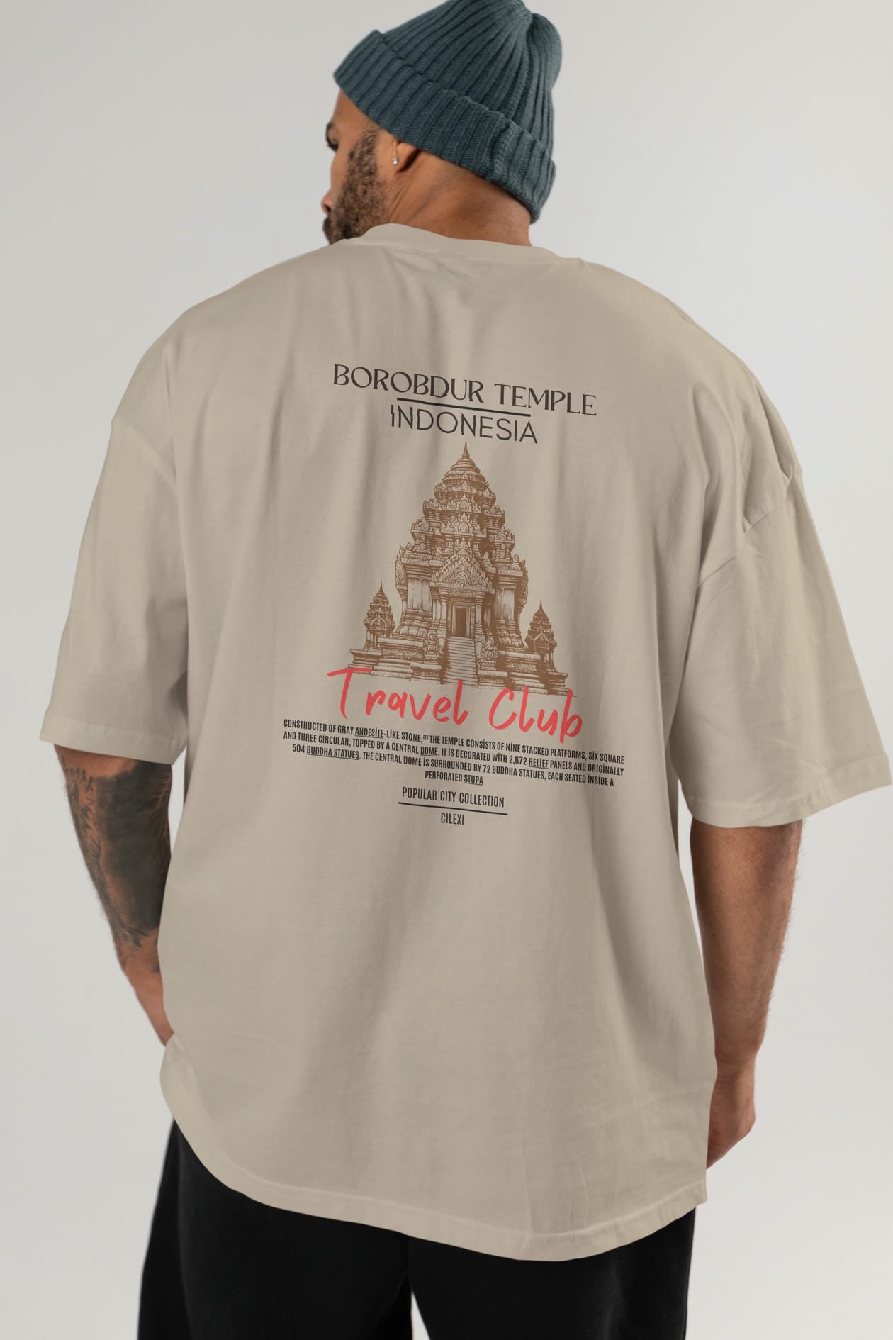 Borobdur Temple İndonesia Arka Baskılı Oversize t-shirt Erkek Kadın Pamuk Bisiklet Yaka tişort