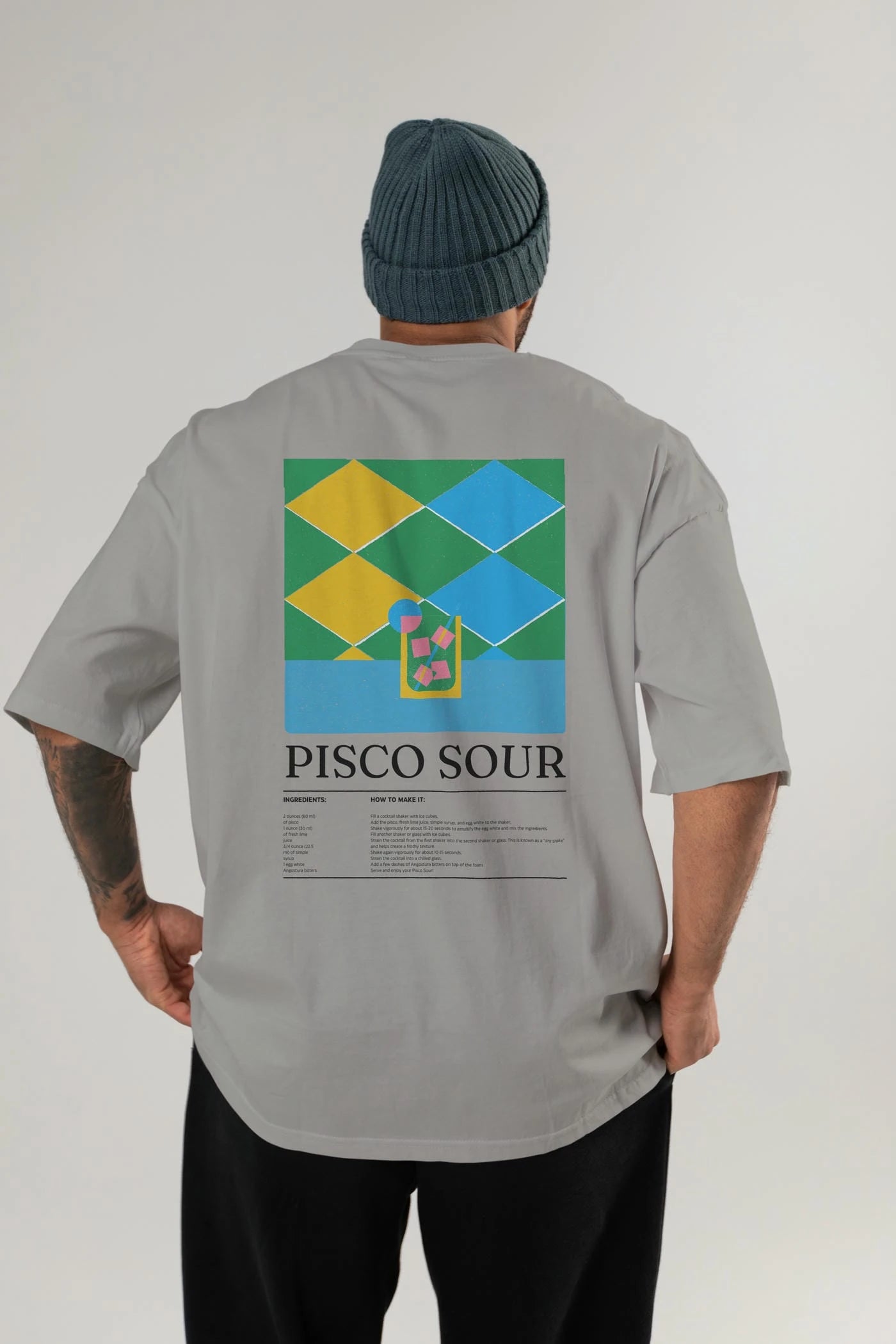 Pisco Sour Kokteyl Serisi Arka Baskılı Oversize t-shirt Erkek Kadın %100 Pamuk Bisiklet Yaka tişort