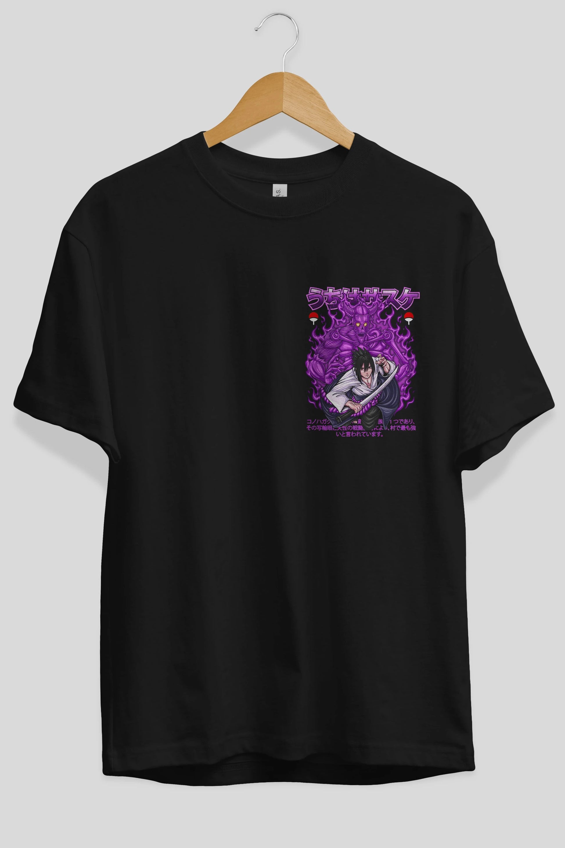 SASUKE UCHIHA NARUTO Ön Sol Baskılı Oversize t-shirt Erkek Kadın Unisex %100 Pamuk Bisiklet Yaka tişort