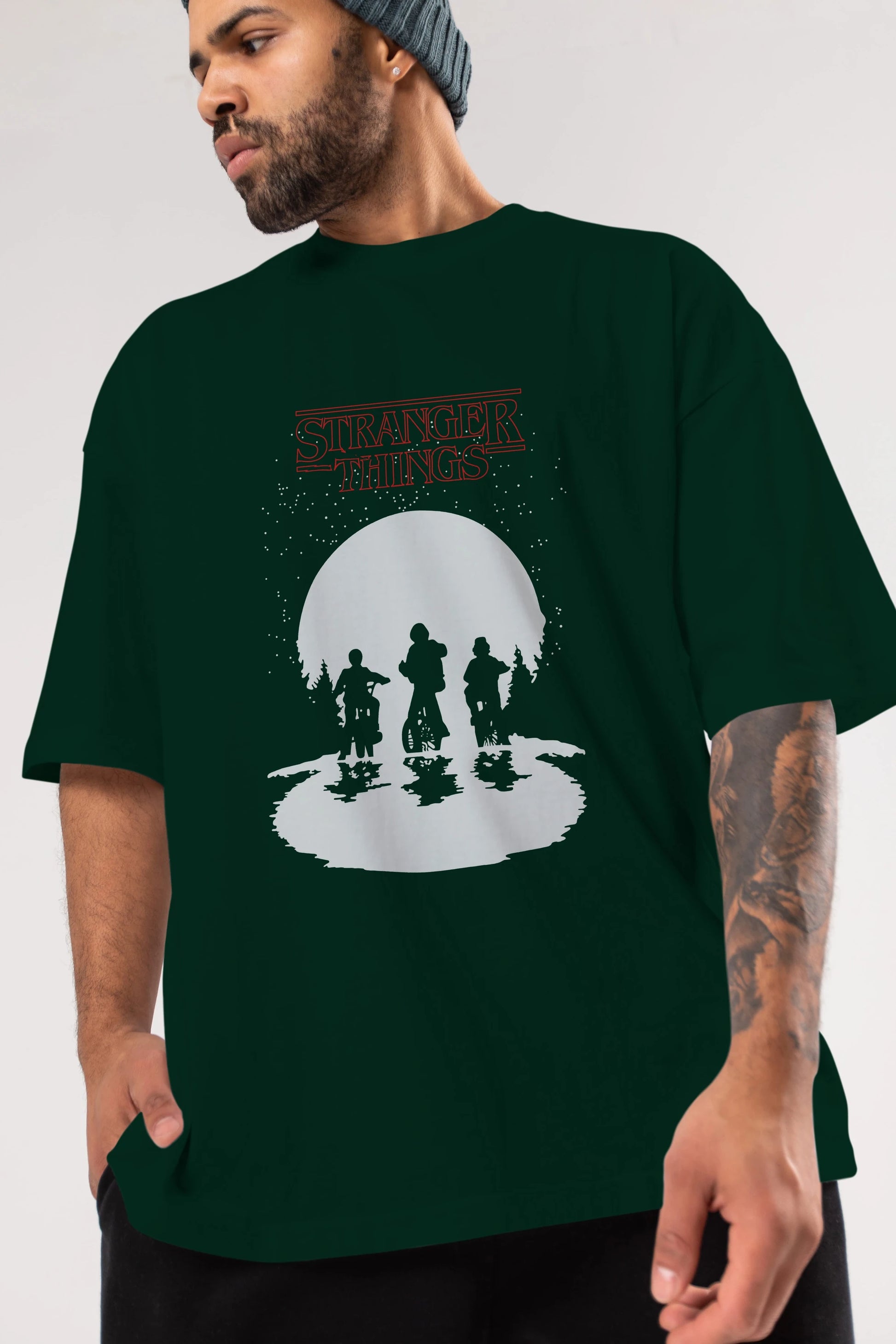 Stranger Things Ön Baskılı Oversize t-shirt Erkek Kadın Unisex %100 Pamuk Bisiklet Yaka tişort