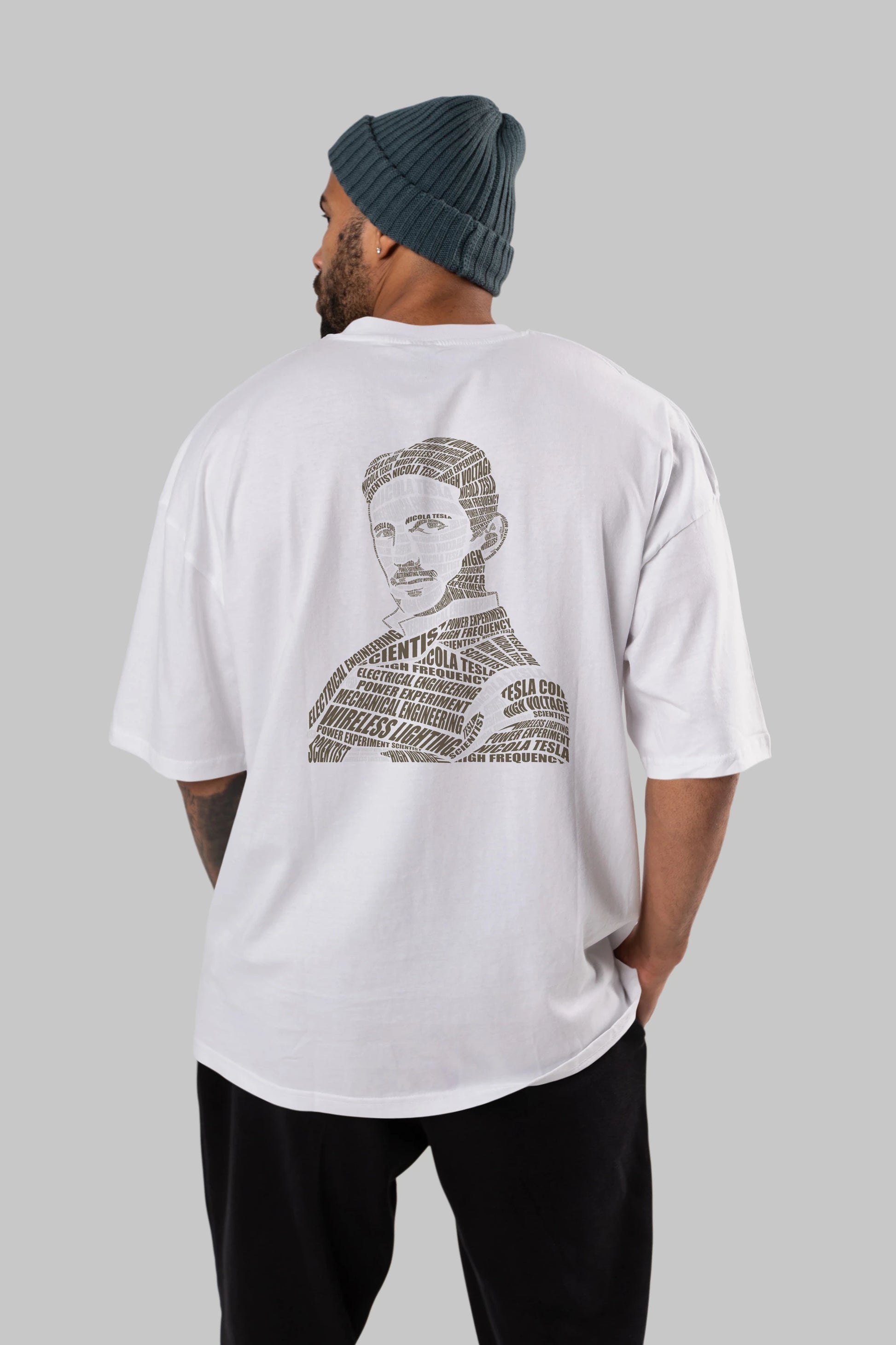 Nikola Tesla Calligram Arka Baskılı Oversize t-shirt %100 pamuk Erkek Kadın Unisex