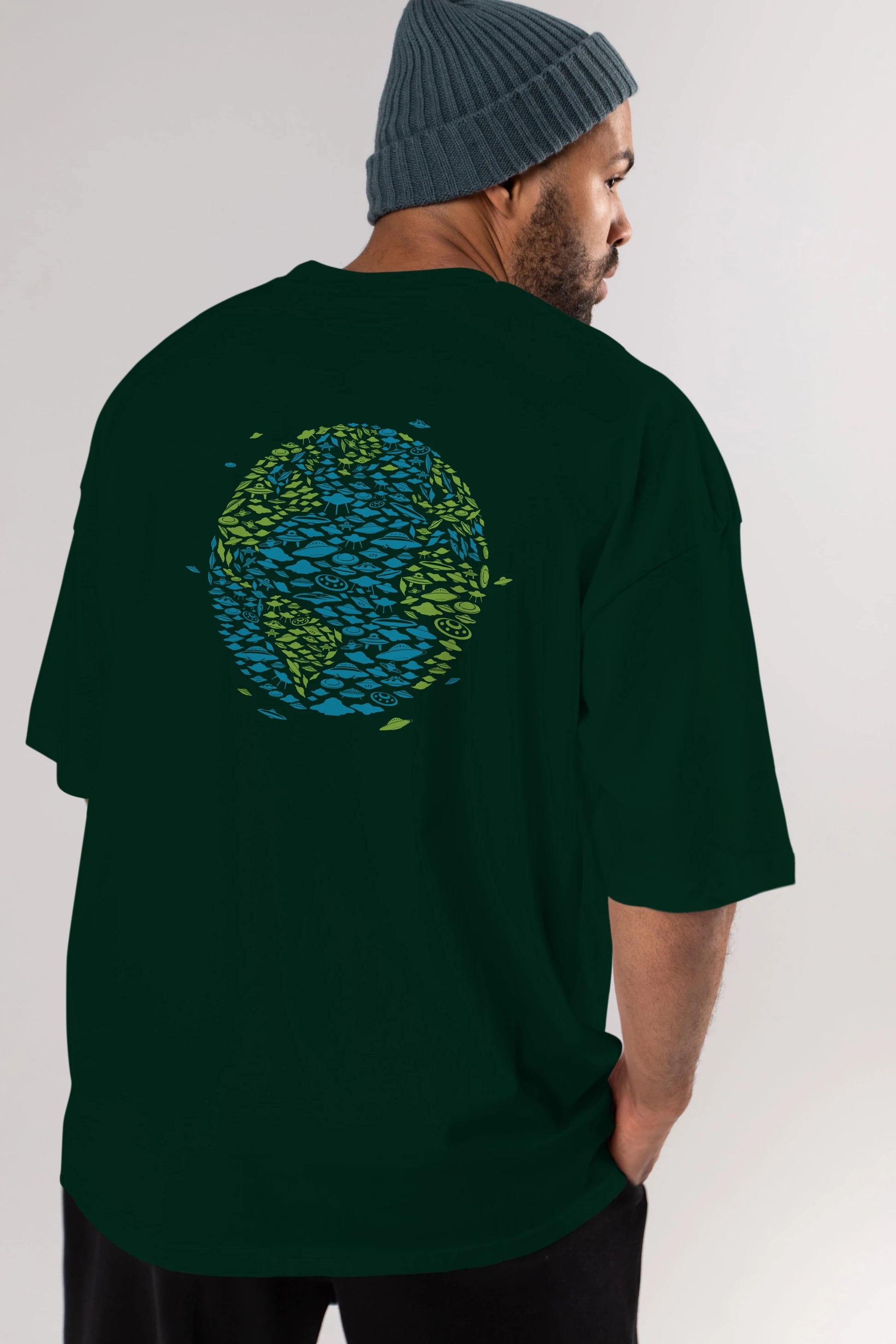 UFO Invasion Arka Baskılı Oversize t-shirt %100 pamuk Erkek Kadın Unisex