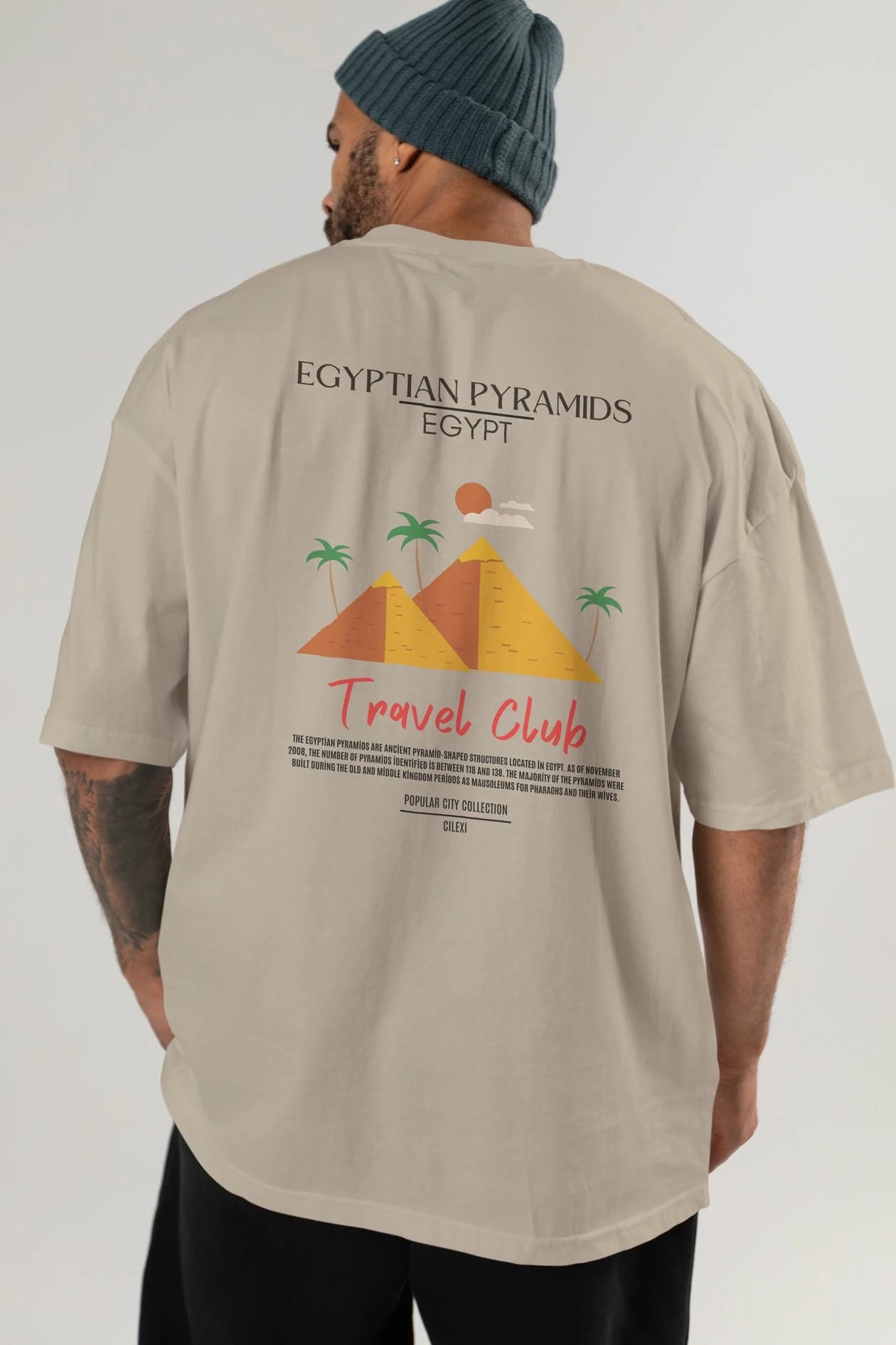 Egyptian Pyramids Egypt Arka Baskılı Oversize t-shirt Erkek Kadın Pamuk Bisiklet Yaka tişort