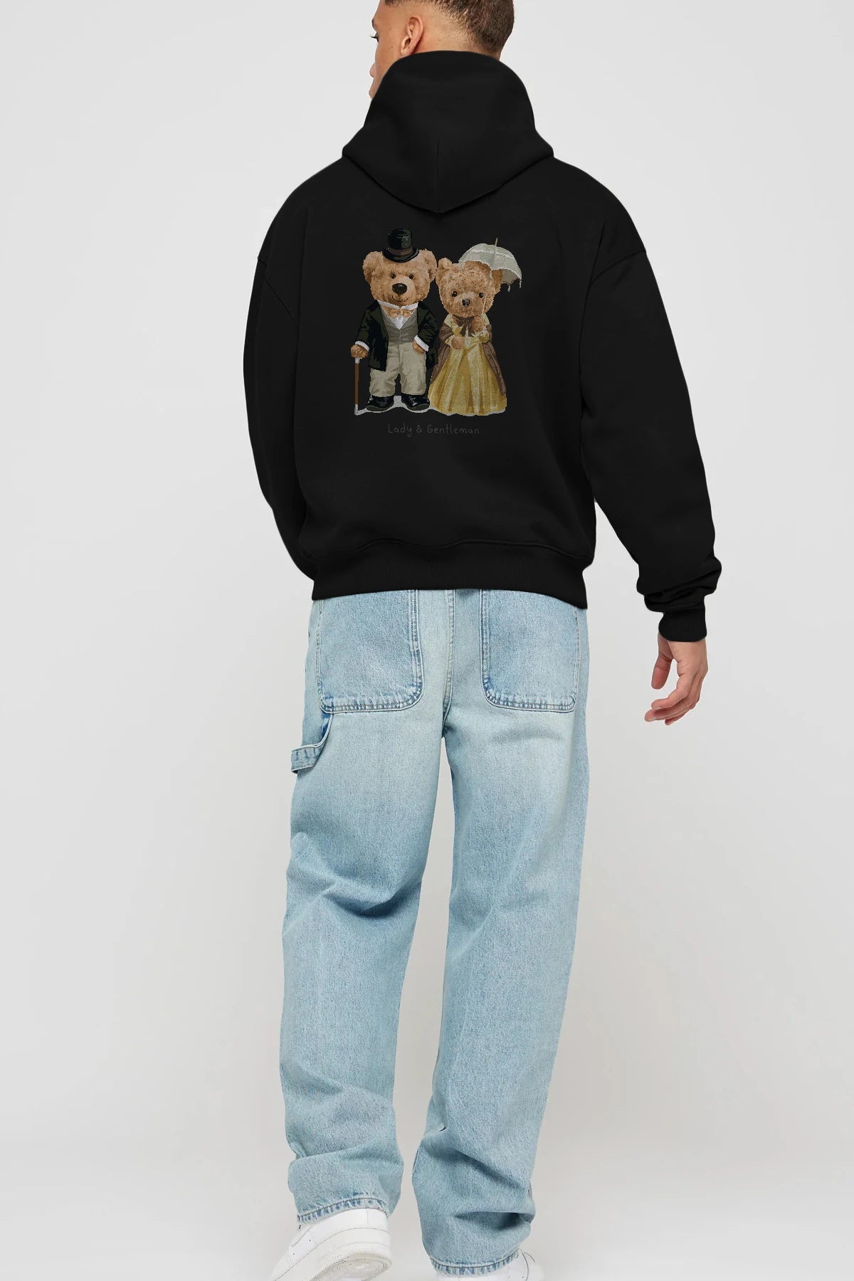 Teddy Bear Couple Arka Baskılı Hoodie Oversize Kapüşonlu Sweatshirt Erkek Kadın Unisex