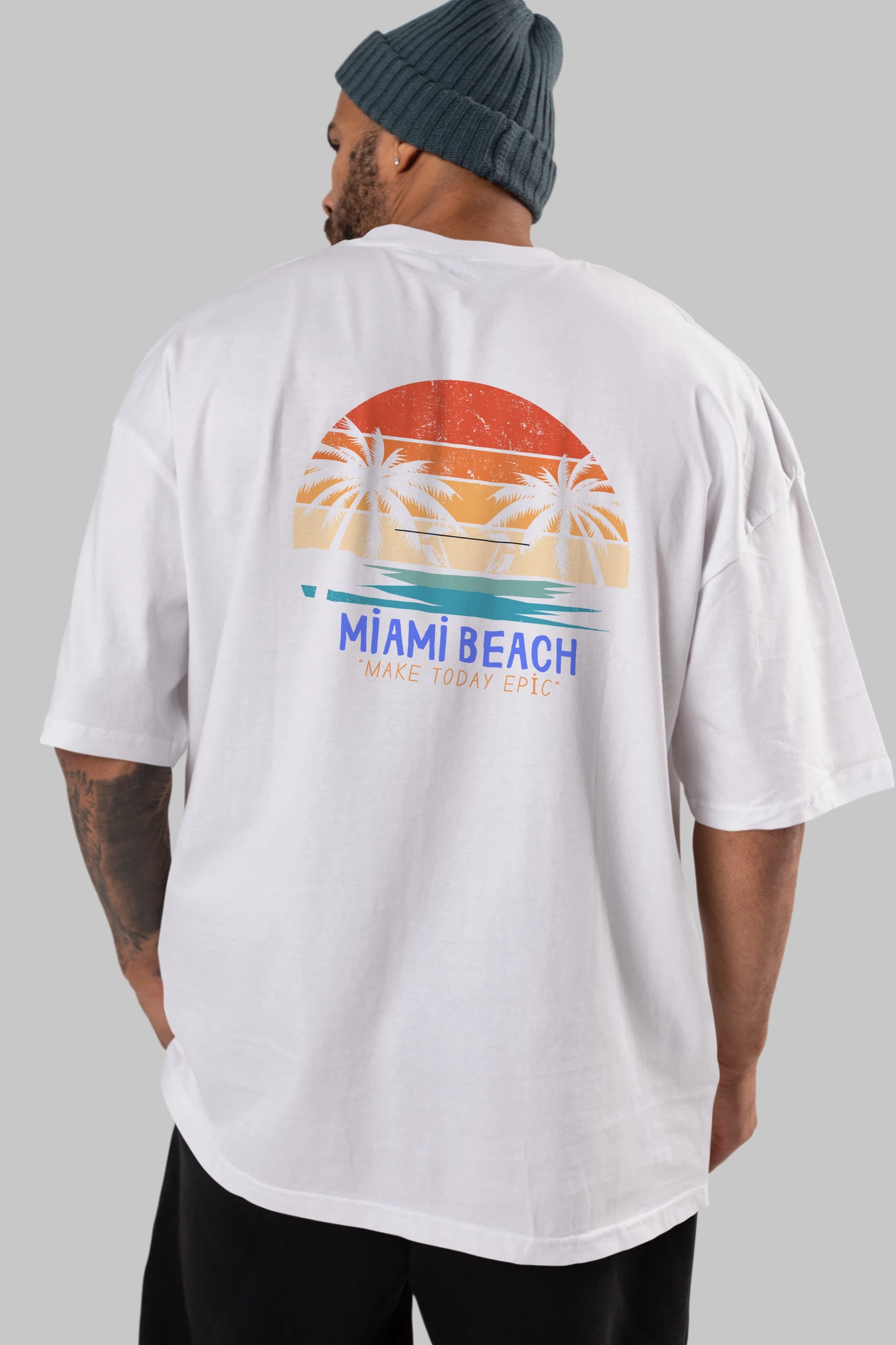 Miami Beach Yazılı Arka Baskılı Oversize t-shirt Erkek Kadın Unisex