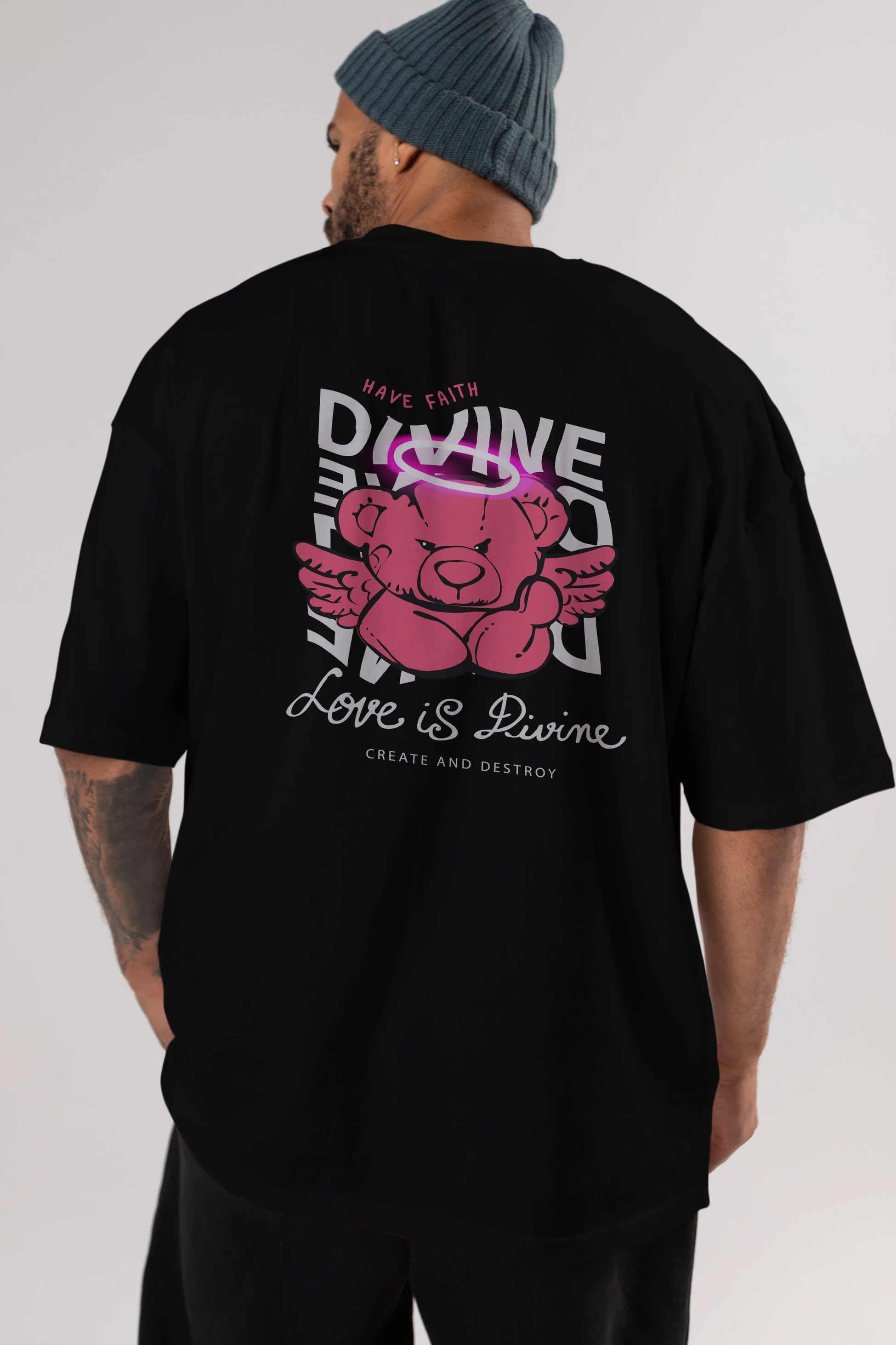 Love is Divine Bear Arka Baskılı Oversize t-shirt Erkek Kadın Unisex