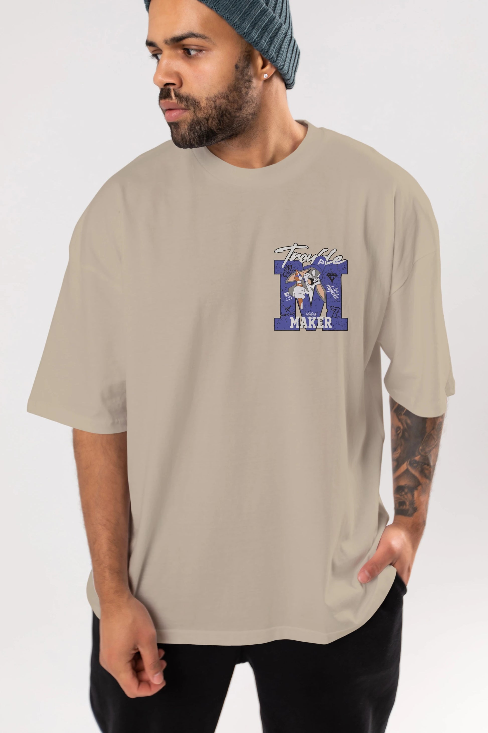 Bugs Bunny Ön Sol Baskılı Oversize t-shirt Erkek Kadın Unisex %100 Pamuk Bisiklet Yaka tişort