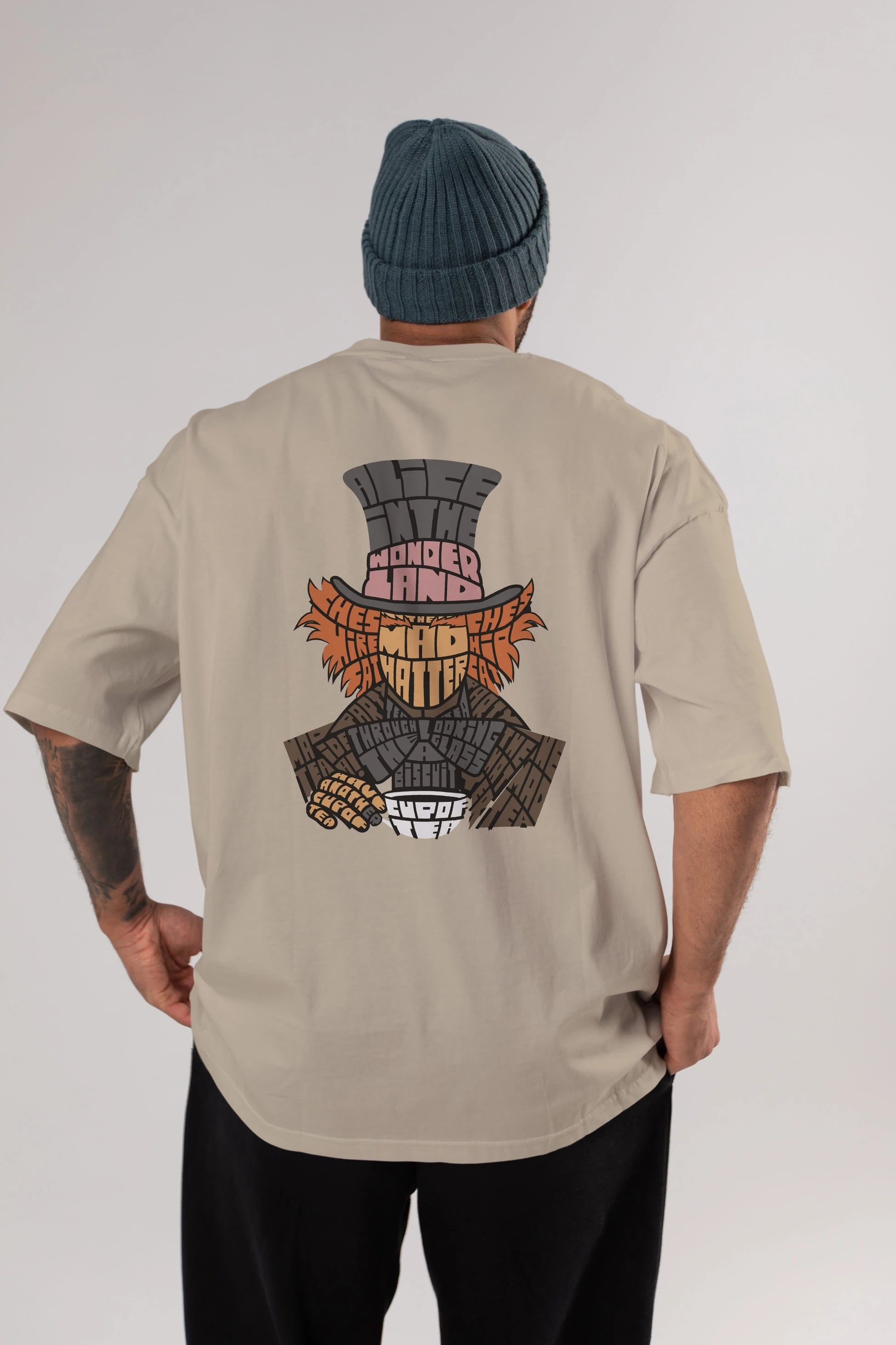 Madhatter Arka Baskılı Oversize t-shirt %100 pamuk Erkek Kadın Unisex