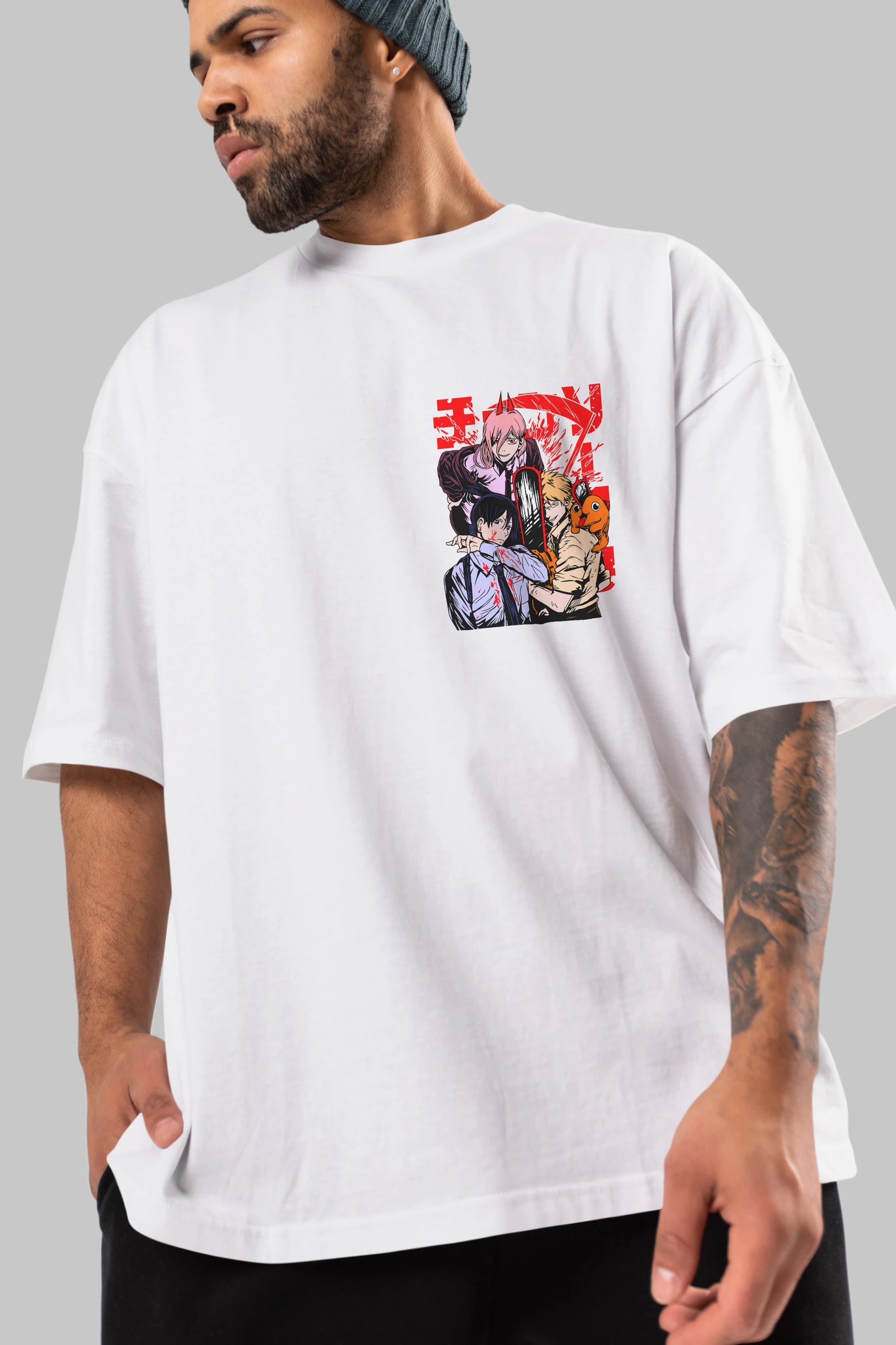 CHAINSAWMAN CREW Ön Sol Baskılı Oversize t-shirt Erkek Kadın Unisex %100 Pamuk Bisiklet Yaka tişort