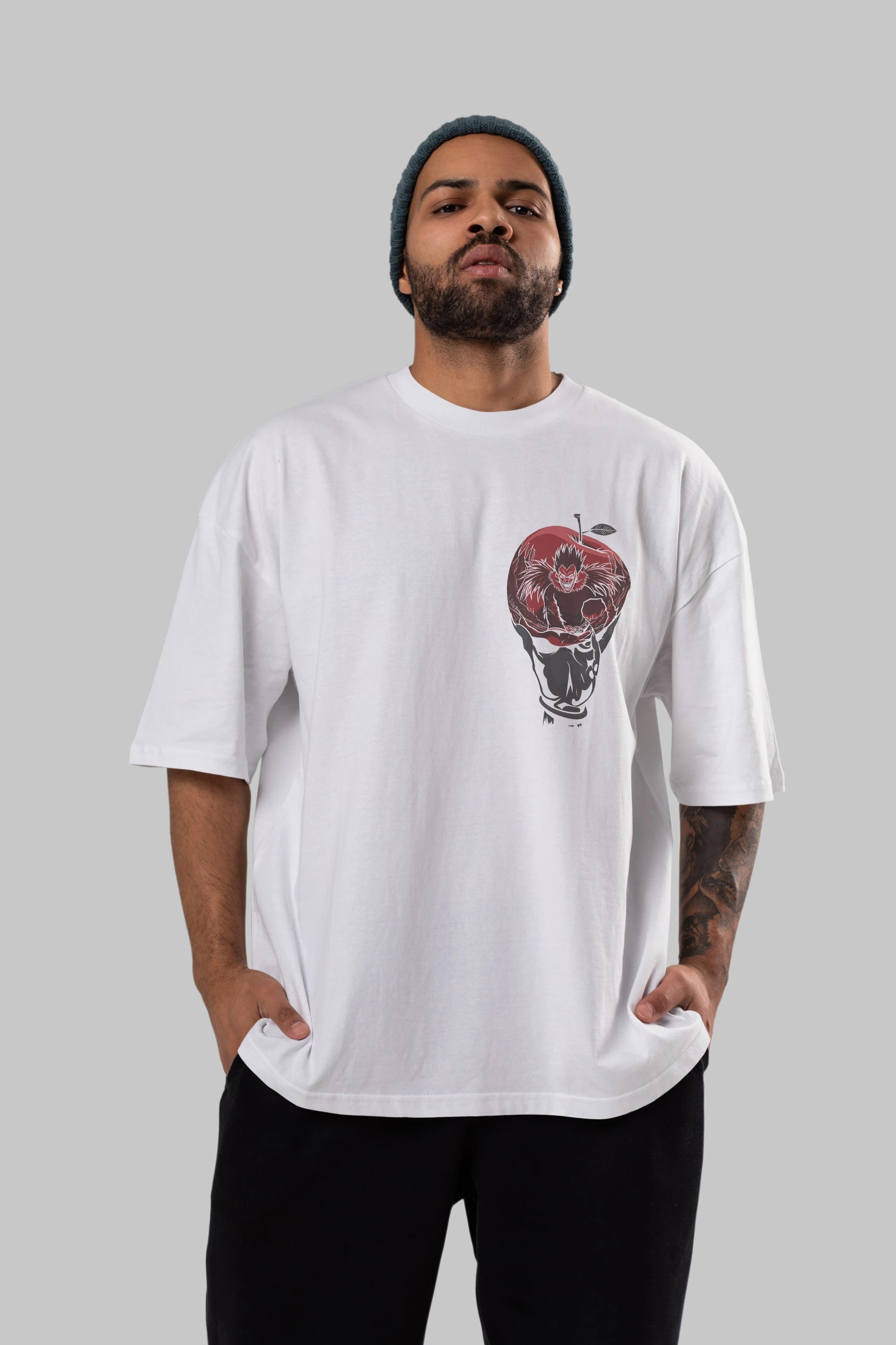 DEATH NOTE -RYUK Ön Sol Baskılı Oversize t-shirt Erkek Kadın Unisex %100 Pamuk Bisiklet Yaka tişort