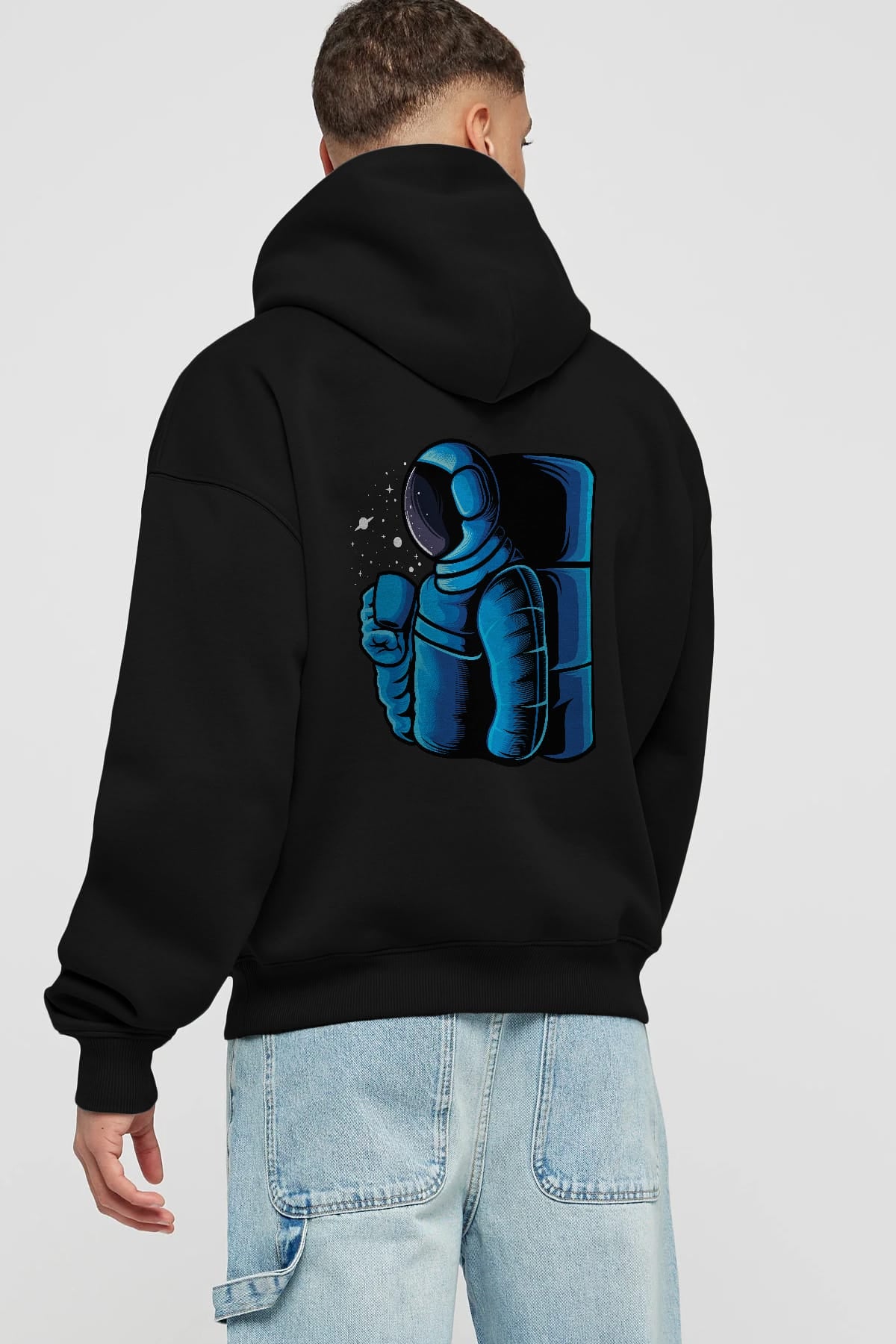 Drinking coffee in space Arka Baskılı Hoodie Oversize Kapüşonlu Sweatshirt Erkek Kadın Unisex