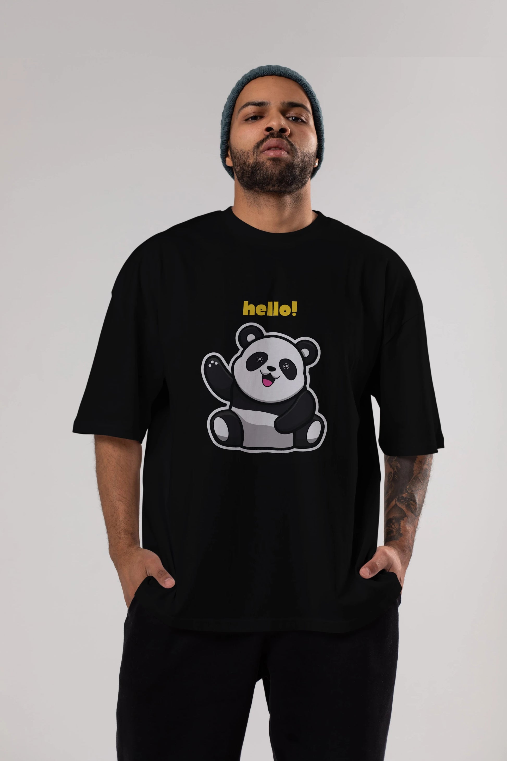 Hello Panda Ön Baskılı Oversize t-shirt Erkek Kadın Unisex