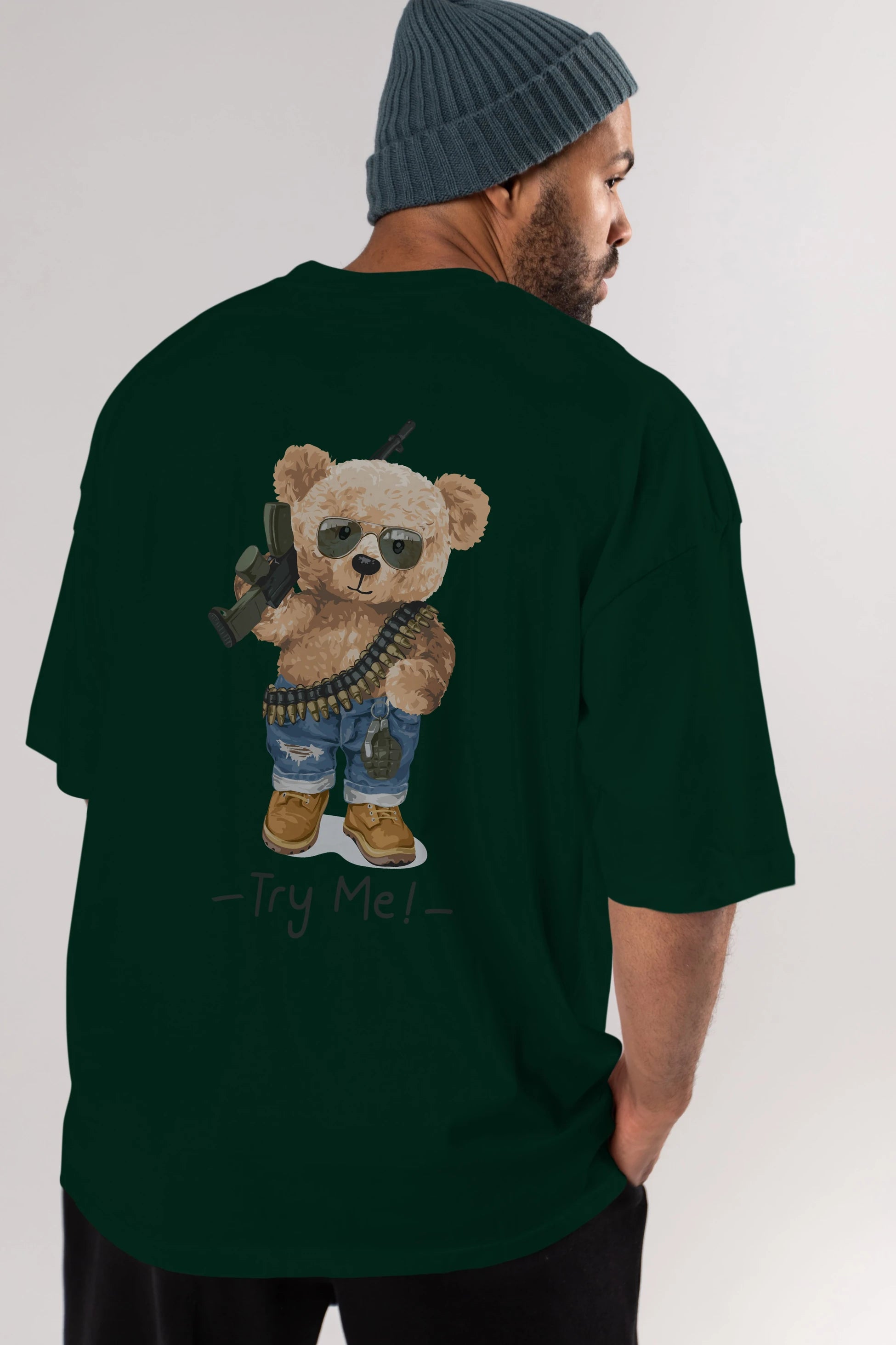Teddy Bear Try Me Arka Baskılı Oversize t-shirt Erkek Kadın Unisex %100 Pamuk