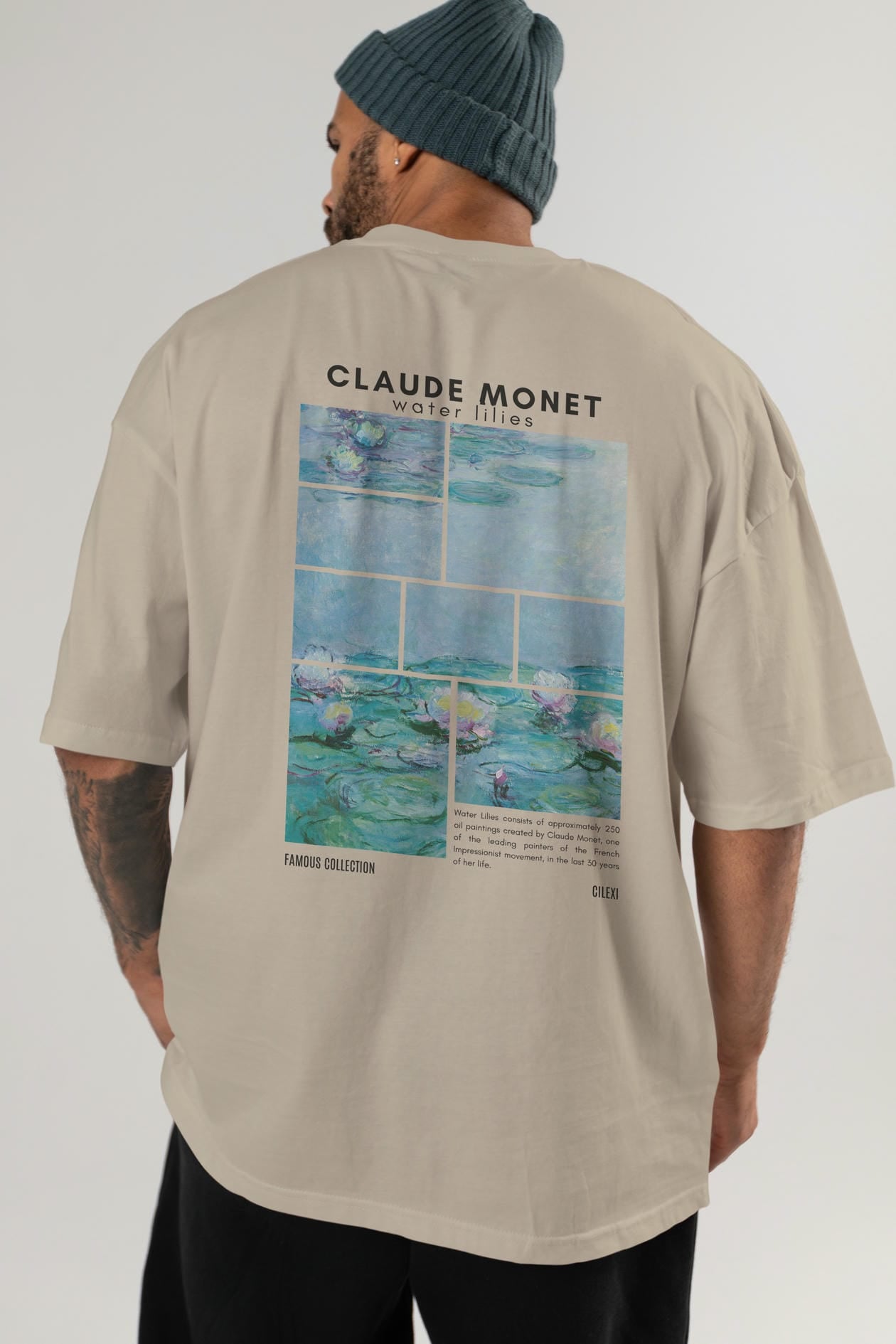 Claude Monet Arka Baskılı Oversize t-shirt Erkek Kadın Bisiklet Yaka Pamuk tişort