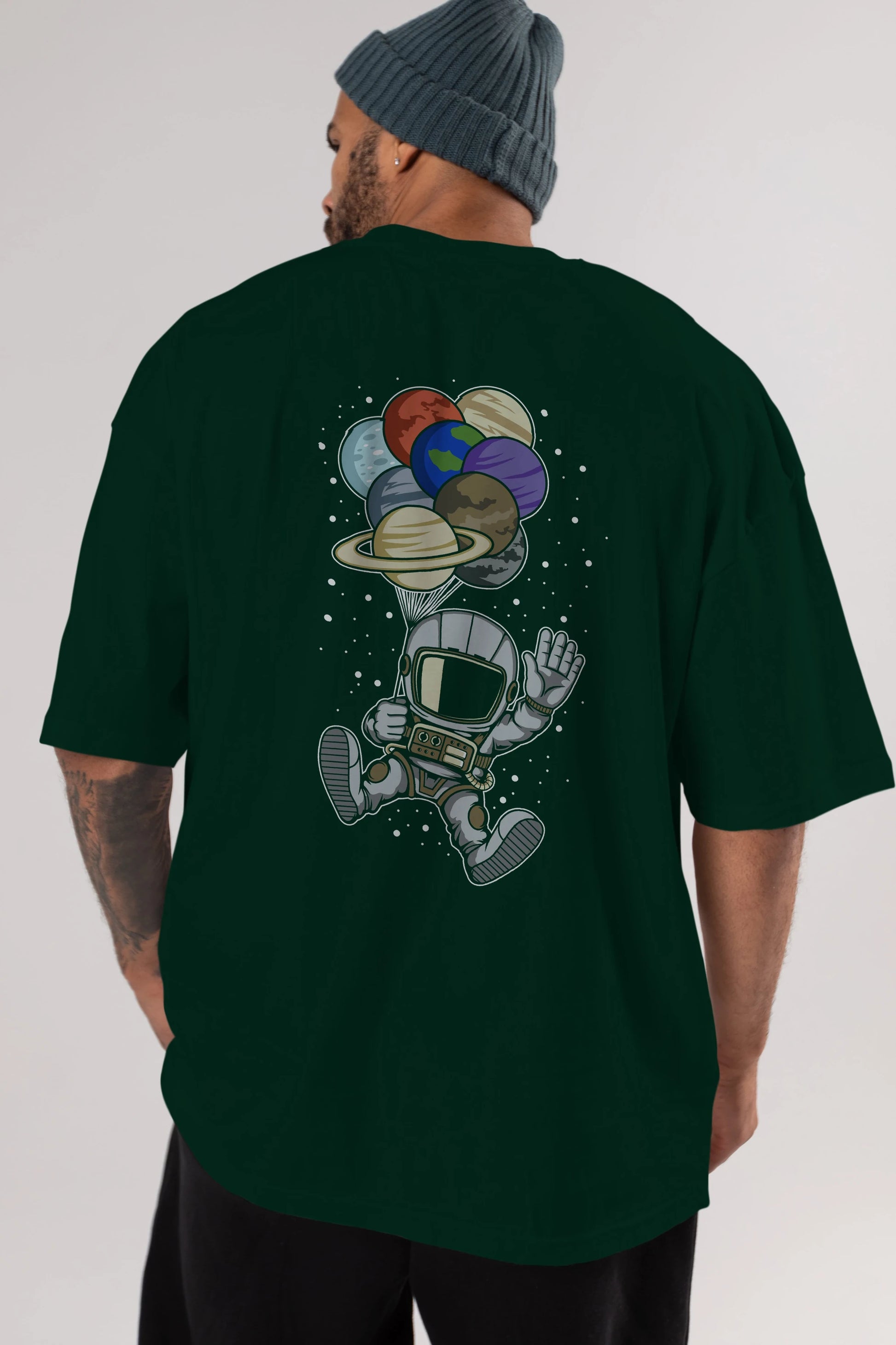 Astronaut Baloon Planets Arka Baskılı Oversize t-shirt Erkek Kadın Unisex
