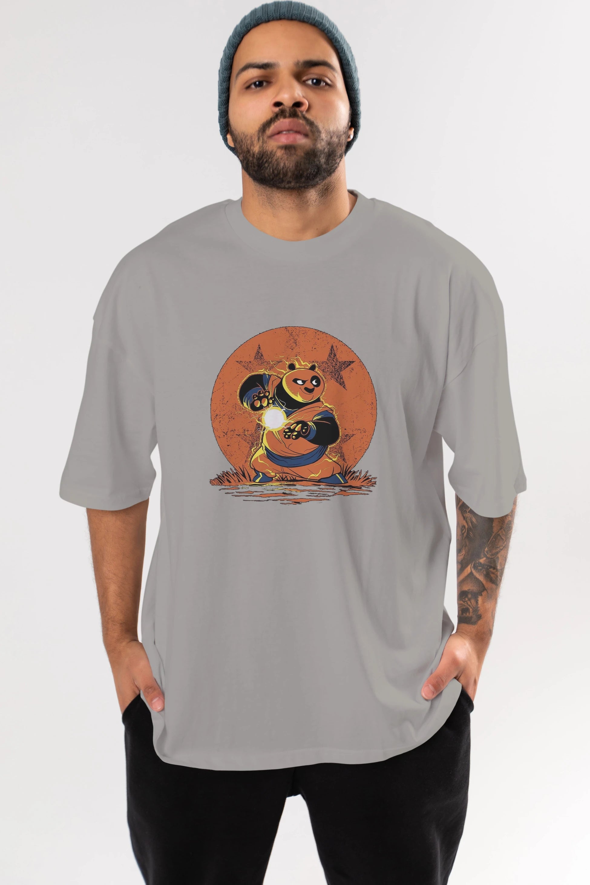 Kung Fu Panda Ön Baskılı Oversize t-shirt Erkek Kadın Unisex %100 Pamuk Bisiklet Yaka tişort