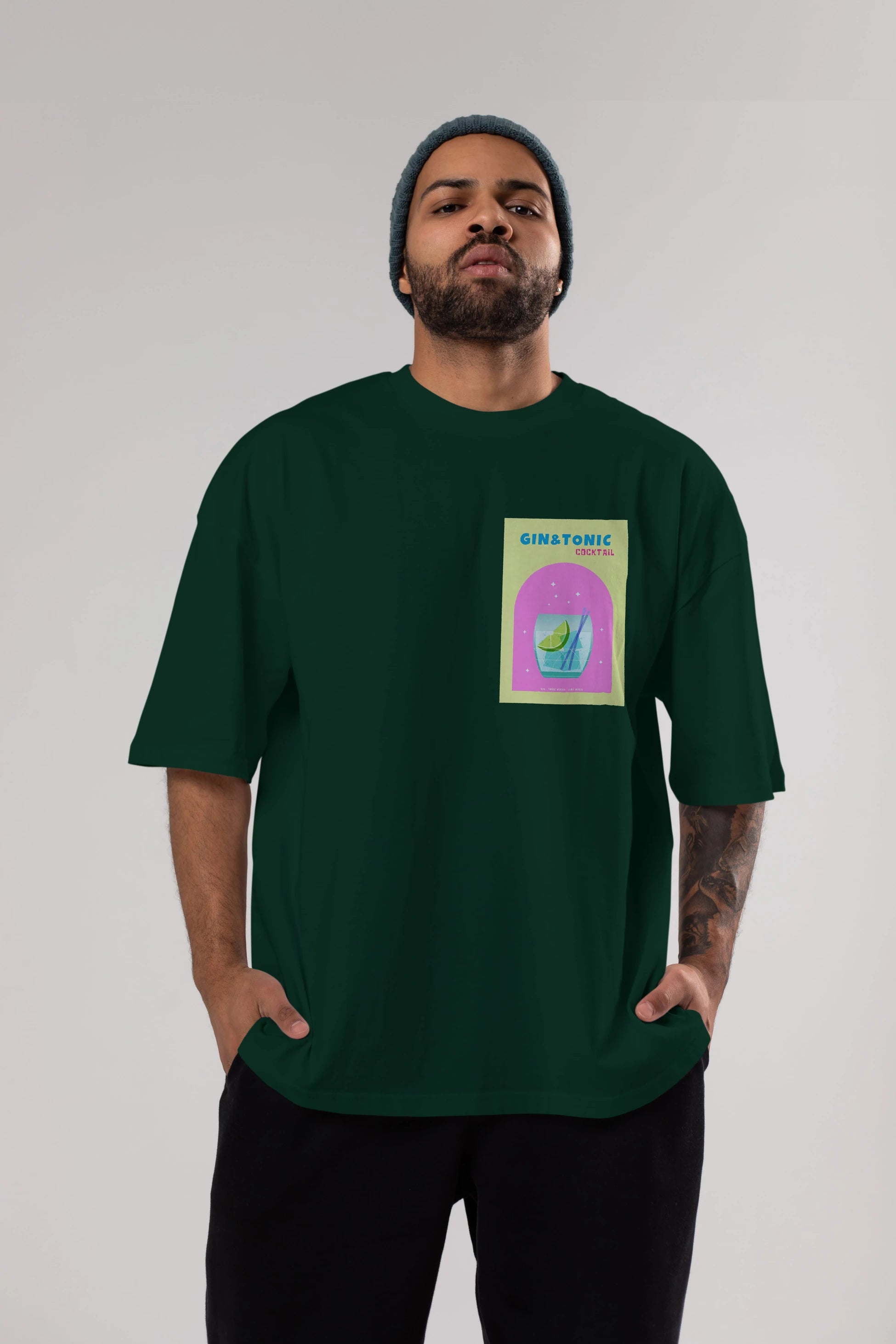 Gin Tonic Cocktail Ön Sol Baskılı Oversize t-shirt Erkek Kadın Unisex %100 Pamuk Bisiklet Yaka tişort