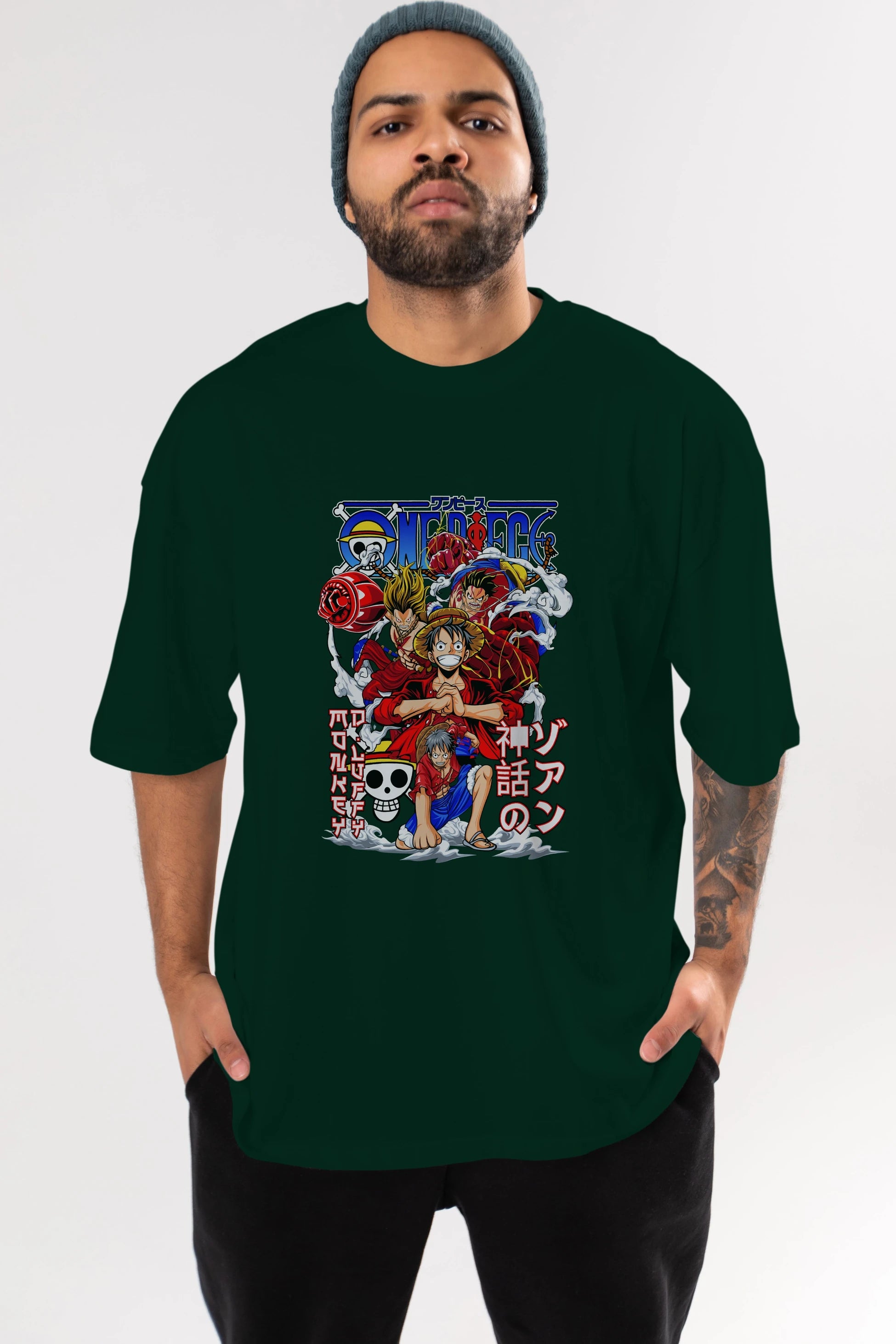 MONKEY D. LUFF-ONE PIECE 2 Anime Ön Baskılı Oversize t-shirt %100 pamuk Erkek Kadın Unisex